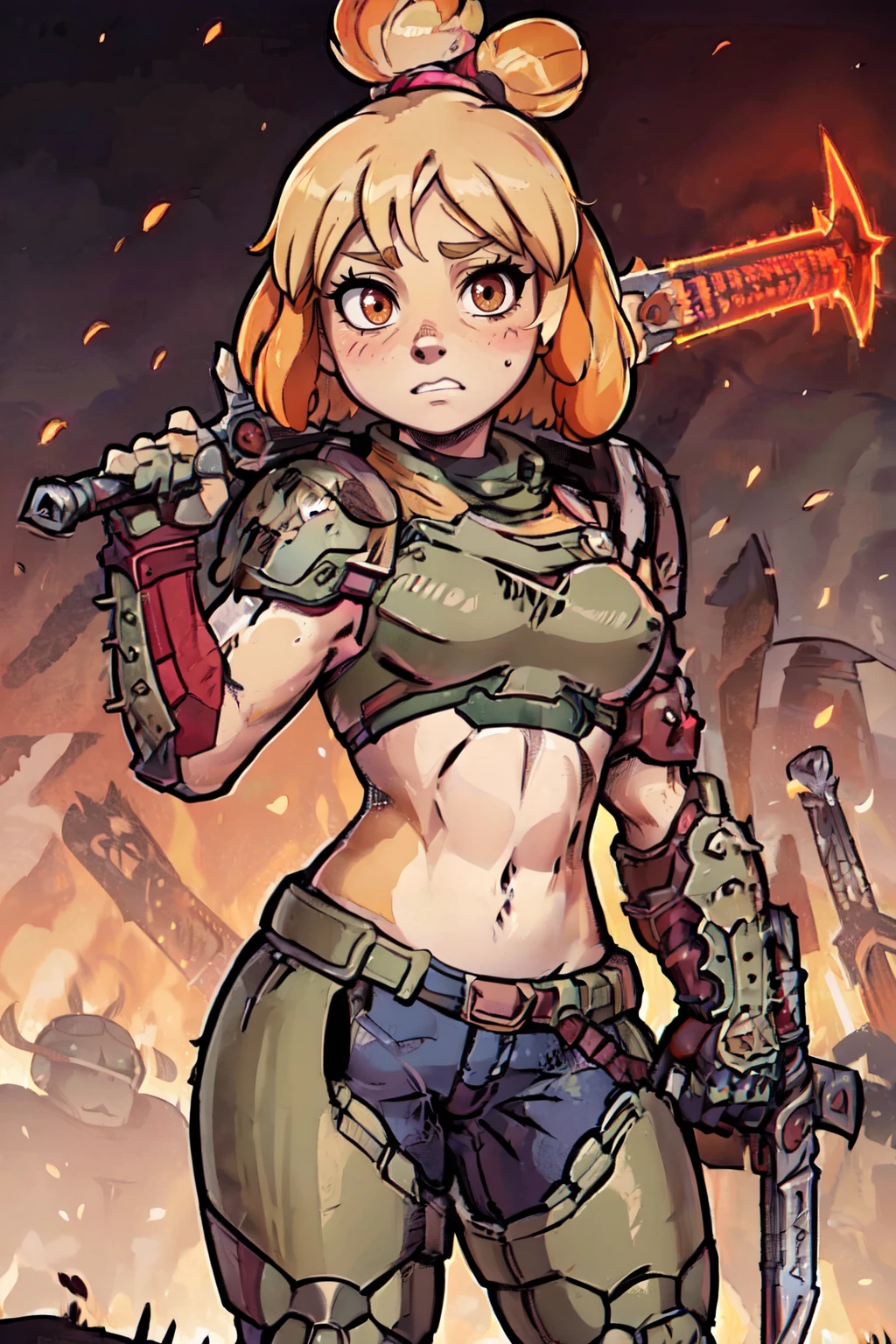 <lora:Isabelle_Doom_Slayer:1>,  zzIsabelleDoom, brown eyes, topknot, dog ears,    looking at viewer, navel, holding, weapon, solo focus, midriff, sword, holding weapon, armor, cosplay, muscular, holding sword, abs, toned, muscular female, over shoulder, weapon over shoulder, power armor, border, white border, energy sword, crucible (doom)