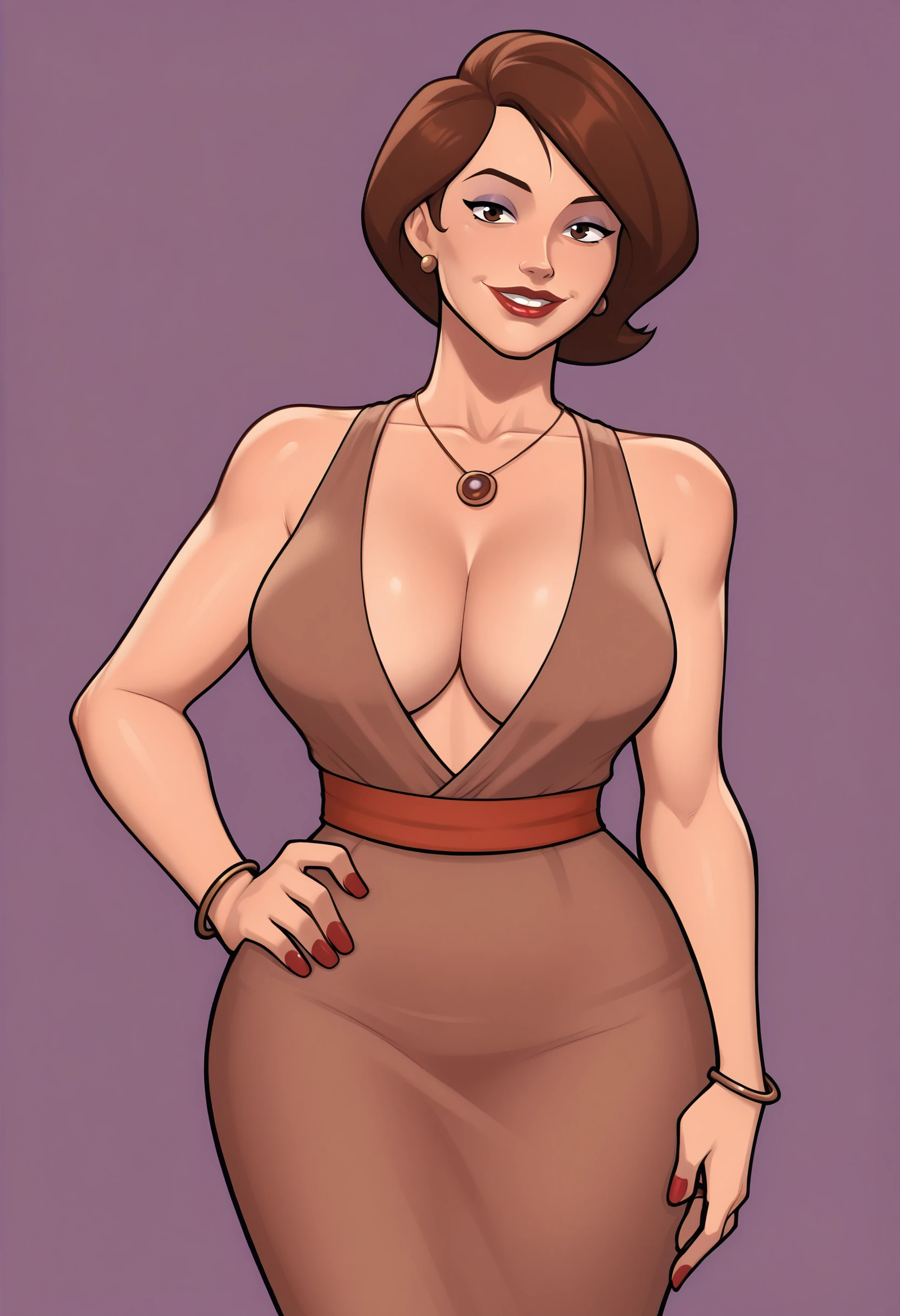 score_9, score_7_up <lora:mrpotatoparty-guy-PONY-DORAv101:1>, 1girl, breasts, sensitive, solo, dress, cleavage, hand on own hip, earrings, necklace, mature female, curvy, purple background, red nails, bracelet, simple background, wide hips, red lips, brown dress, smile, looking at viewer, bare shoulders, sash, lipstick, makeup, nail polish, collarbone, lips, plunging neckline, large breasts, sleeveless dress, standing, sleeveless, helen parr,