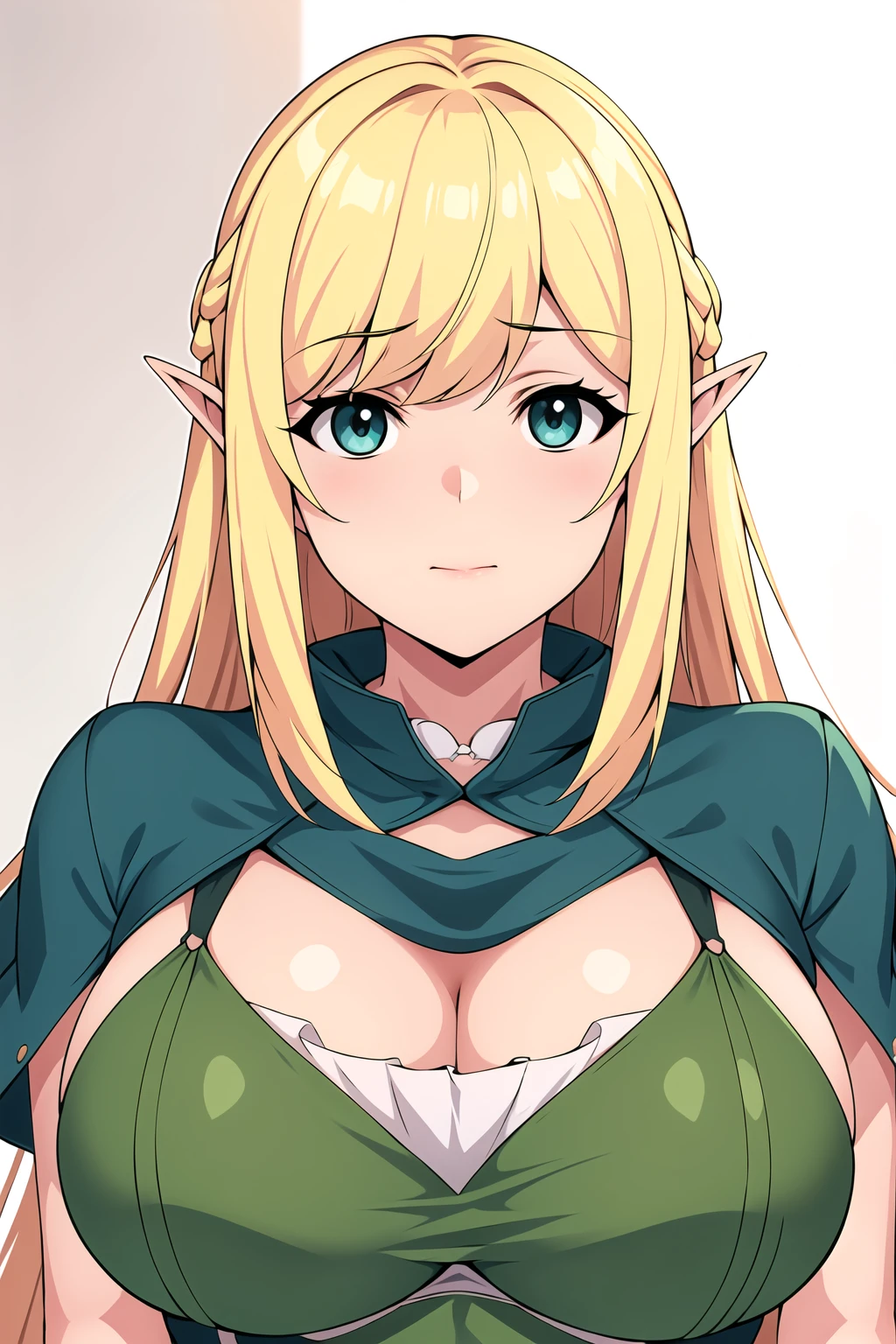 Simple Background,White Background,
dynamic pose,standing at attention,
green dress,blue collar,green skirt, Black gloves, cleavage cutout, cleavage, 
<lora:Halkara_SLIME300-KK77-V1:0.7>,pointy ears, Elf,
blue eyes, blonde hair,bangs,Long hair,
<lora:more_details:0.1>,<lora:Oda_Non_Style-KK77-V2:0.3>,<lora:Sexy_AIart-KK77-V1:0.3>,
1 girl, 20yo,Young female,Beautiful long legs,Beautiful body,
Beautiful Nose,Beautiful character design, perfect eyes, perfect face,expressive eyes,perfect balance,
looking at viewer,(Focus on her face),closed mouth, (innocent_big_eyes:1.0),(Light_Smile:0.3),
official art,extremely detailed CG unity 8k wallpaper, perfect lighting,Colorful, Bright_Front_face_Lighting,White skin,
(masterpiece:1.0),(best_quality:1.0), ultra high res,4K,ultra-detailed,
photography, 8K, HDR, highres, absurdres:1.2, Kodak portra 400, film grain, blurry background, bokeh:1.2, lens flare, (vibrant_color:1.2),professional photograph,
(Beautiful,large_Breasts:1.4), (beautiful_face:1.5),(narrow_waist),