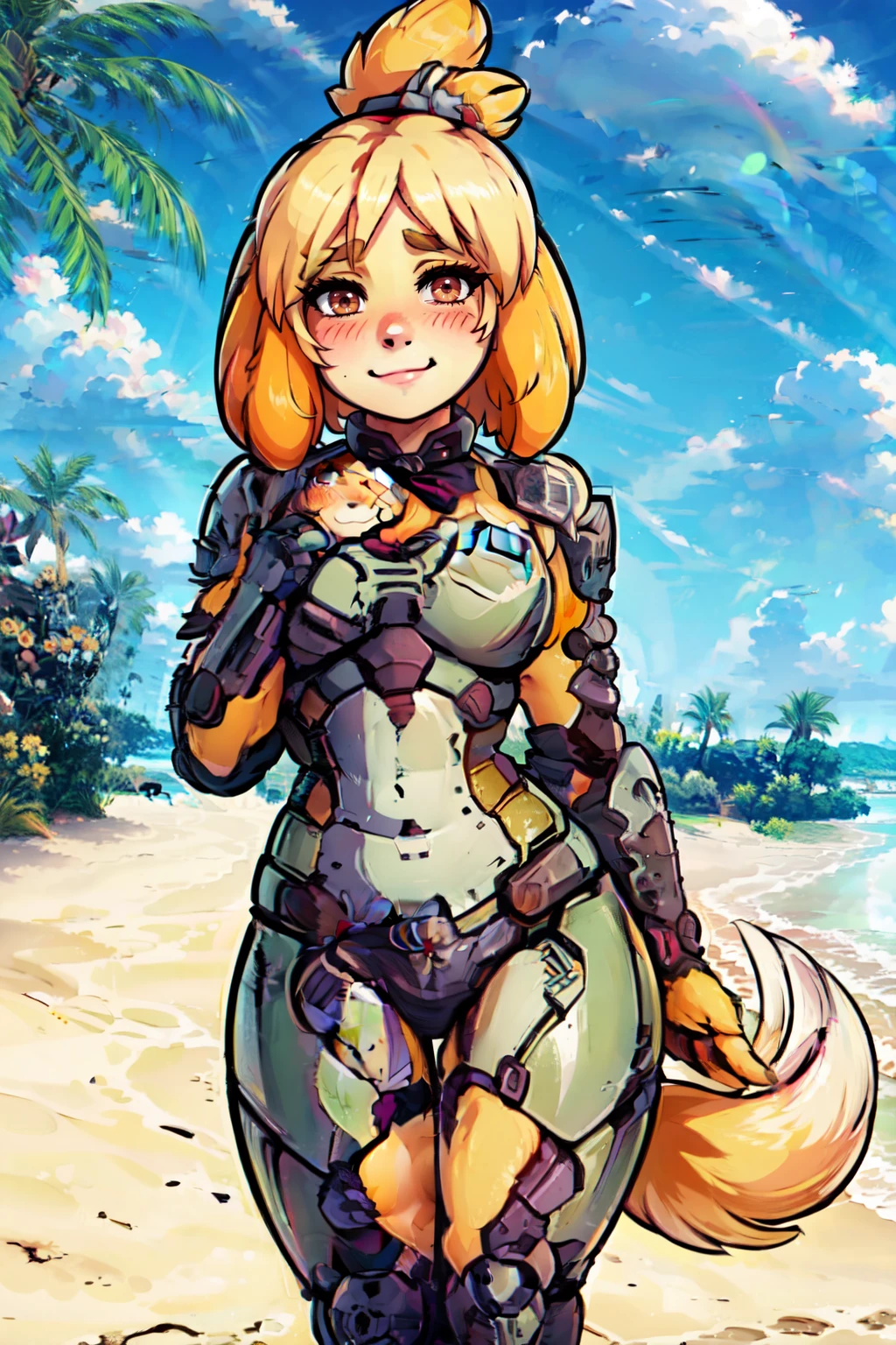 <lora:Isabelle_Doom_Slayer:1>,  zzIsabelleDoom, brown eyes, topknot, dog ears, power armor, energy sword, crucible (doom),   isabelle, beach, bell, blue sky, blush, brown eyes, closed mouth, cloud, day, dog tail, female focus, hair bell, hair tie, hand on own chest, hand up, happy, jingle bell, legs together, looking at viewer, medium breasts, nintendo, ocean, outdoors, palm tree, sand, short hair, sky, smile, standing, tail, tail wagging, tree, twistedscarlett60, water