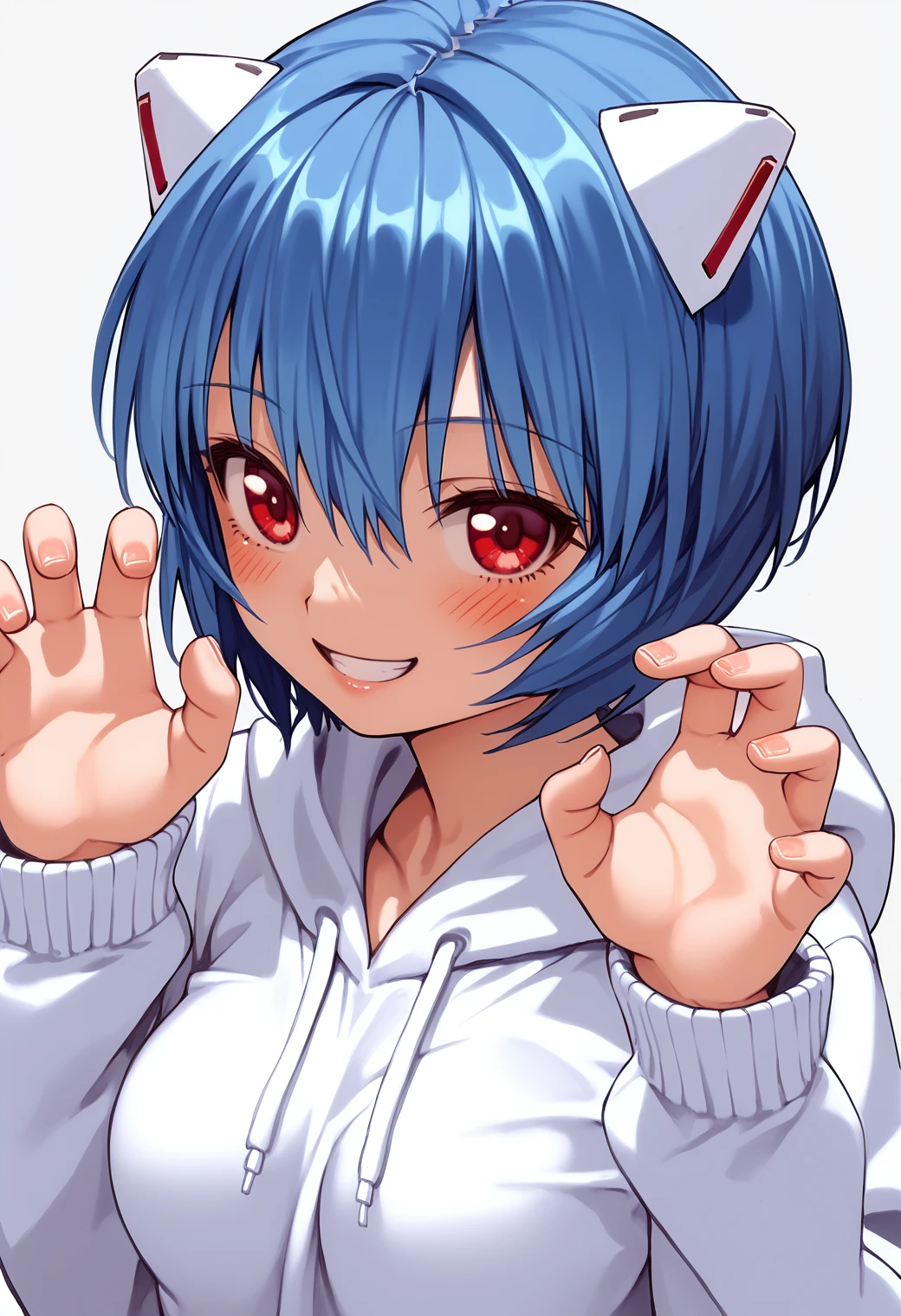 score_9, score_8_up, score_7_up, score_6_up, BREAK
1girl, ayanami rei, red eyes, blue hair, blush, solo, medium breasts, 
hairpods, white hoodie, long sleeves, 
claw pose, looking at viewer, smile,