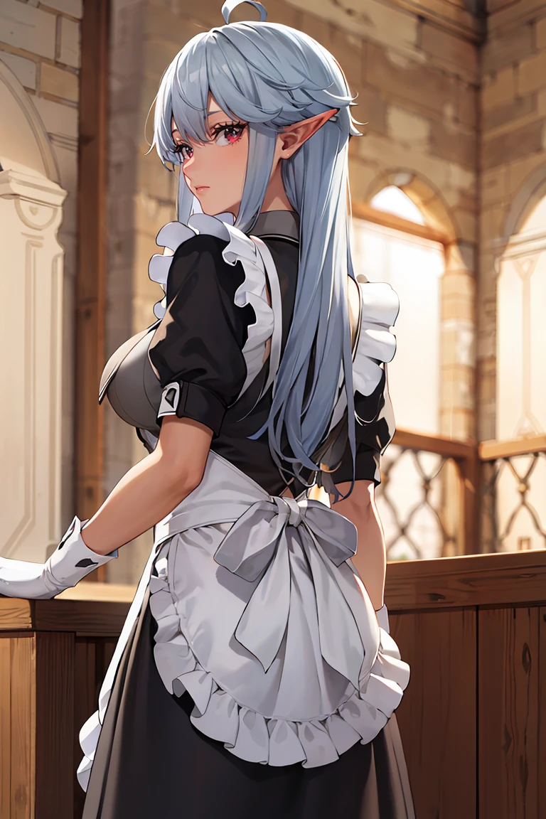 masterpiece, best quality, ultra-detailed, glistening shiny, glowing light, ray tracing, HDR, deph of field, (perfect face, detailed face), <lora:ReanetteElfelt:0.8>, reanette, long hair, pointy ears, dark-skinned female, sidelocks, large breasts, maid uniform, maid apron, grey shirt,  white gloves, from behind,  long skirt,  looking at viewer,