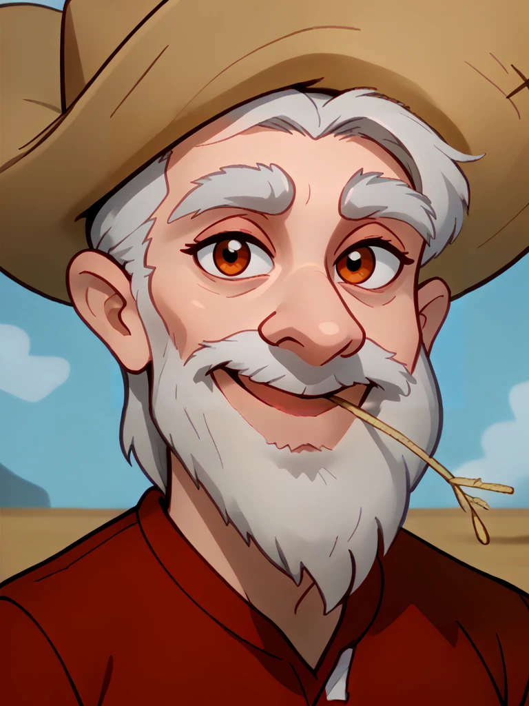 <lora:Jiggle_Billy_-_ATHF_-_2000-10:0.85> jiggle billy, hill billy, doll, old, old man, solo, straw hat, white facial hair, white hair, red shirt, long sleeves, straw in mouth, goggles, hat, male focus, parody, beard, portrait, looking at viewer, smile, source_cartoon, score_9, score_8_up, score_7_up,