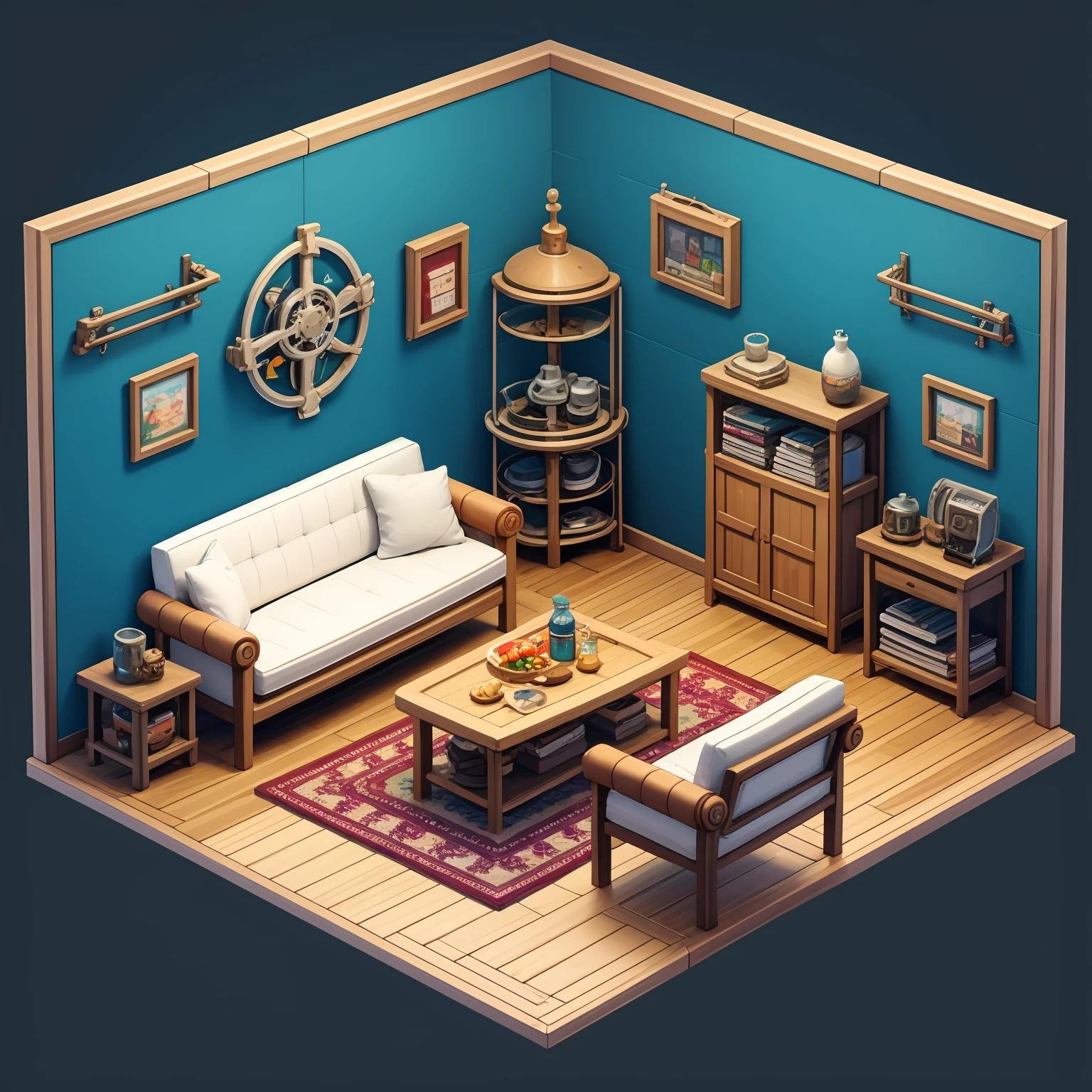 HEZI, game scene, Indoor scene, 45 degree scene, Cute style, no humans, wooden floor, book, scenery, cup, couch, table, photo \(object\), chair, rug, bottle, clock, picture frame, picture \(object\), stool, pillow, lamp, shelf, gears, barrel, blue background, indoors, ladder, fruit, food, still life, simple background, plant, stairs, painting \(object\), black background