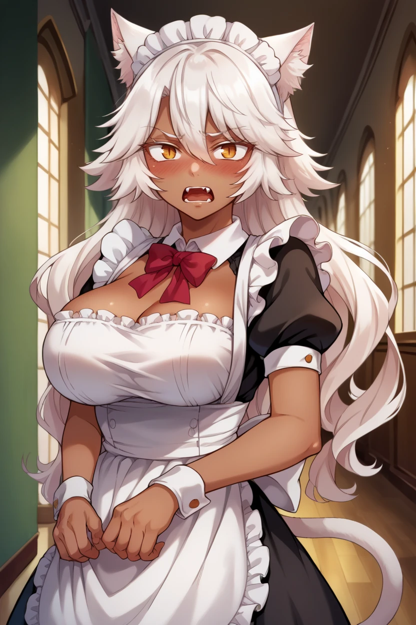 score_9, score_8_up, score_7_up, score_6_up, source_anime BREAK 1girl, solo  <lora:granart-pdxl-nvwls-v1-000005:1> granart, cat ears, dark-skinned woman, long hair, white hair, maid headdress, maid dress, apron, cat tail, big breasts, open mouth, fangs, blush, embarrassed, hallway, looking at you, mansion