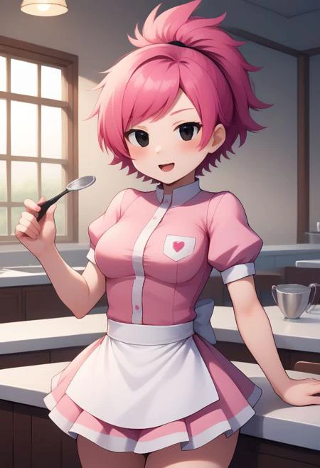 best quality, pink hair, black eyes, short hair, ponytail, medium breast, pink waitress outfit,