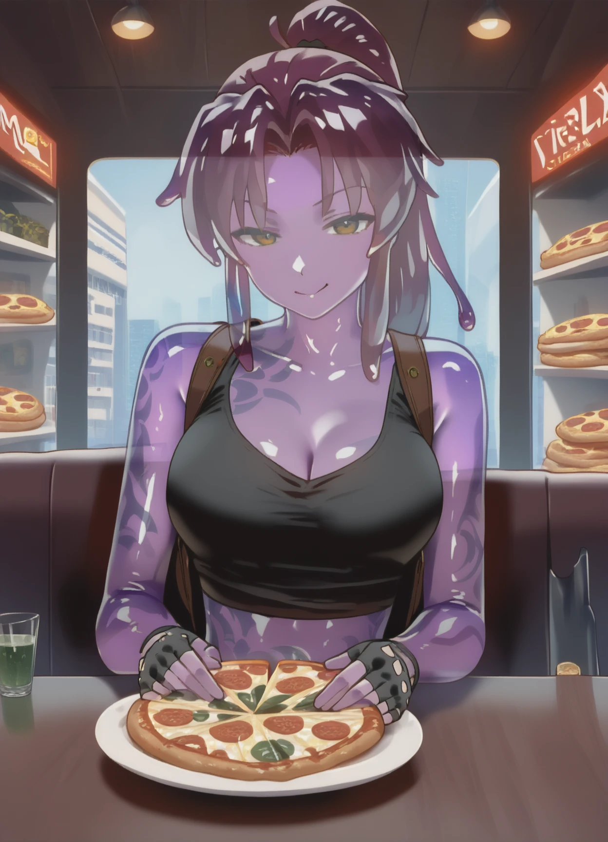 <lora:TruckKun_Style_Lora_V3:0.8>
,score_9, score_8_up, score_7_up,
1girl, solo, looking at viewer, indoors, studio,
1girl, solo, revy, purple hair, brown eyes, shoulder tattoo, long hair, ponytail, tank top, off the shoulder, cleavage, midriff, short shorts, unbuttoned fingerless gloves, seductive smile, half closed eyes, indoors, restaurant, pizza, eating pizza, <lora:TazRevyV2:0.8>,
wizardslimus, slime girl, (purple skin color), slime skin, (transparent head:1.3), (transparent body:1.3), (transparent hair:1.3), (transparent face:1.3) ,  (transparent:1.3), zPDXLxxx, sharp lines,  <lora:wizardslimev15-t:1>, high transparency