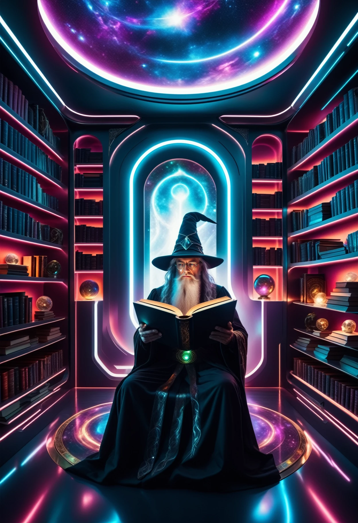 a close up of a wizard in a futuristic book room reading a magical book , beautiful detailed, rich deep colors, beautiful, highly detailed, Jed-FutInt,  <lora:FuturisticInteriorStyle:0.7>