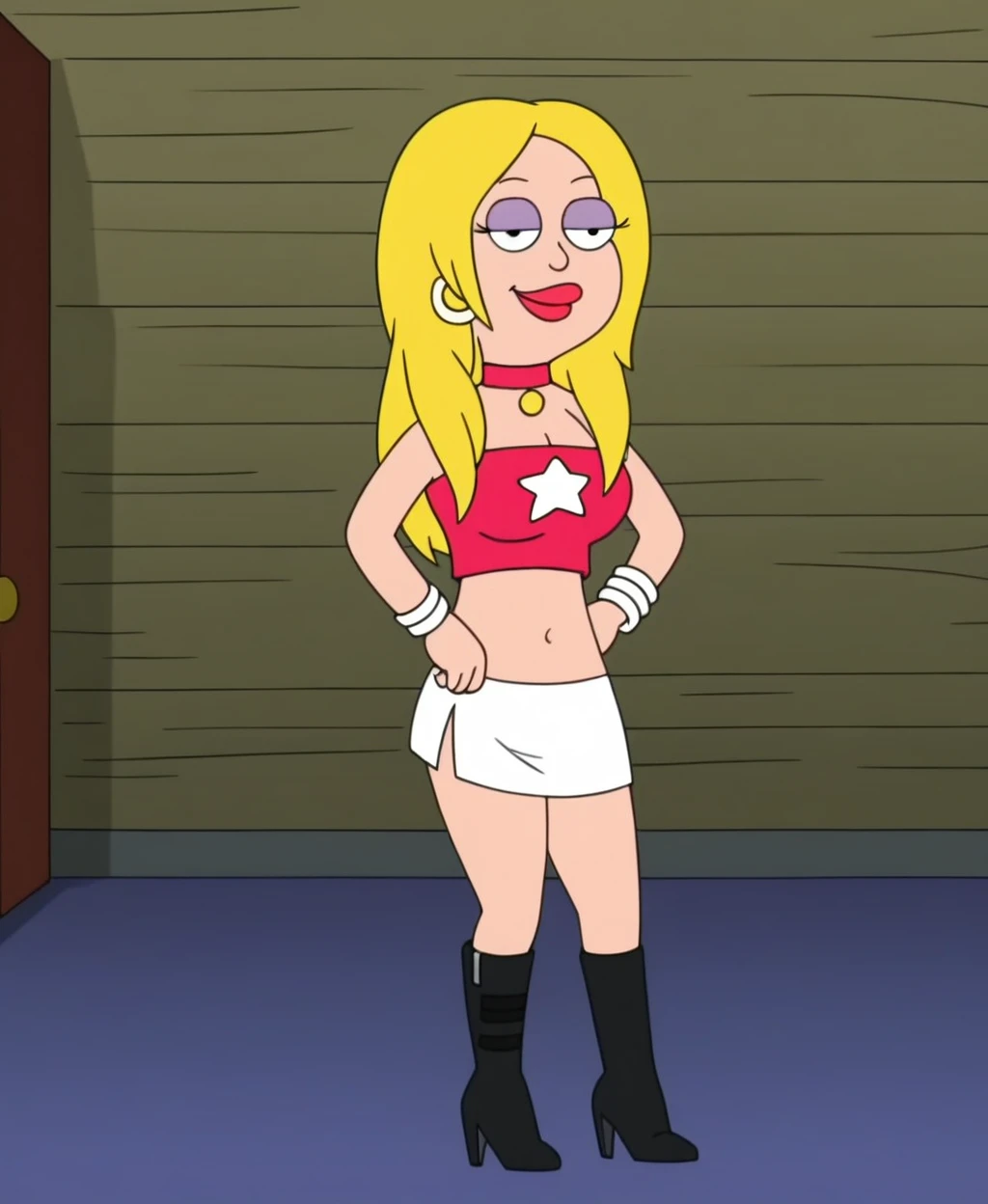 anime screencap, ADFranny, 1girl, solo, blonde hair, boots, skirt, smile, shirt, high heels, miniskirt, makeup, navel, tube top, midriff, red lips, choker, white skirt, skirt lift, lipstick, indoors, long hair, strapless, crop top, breasts, star (symbol), cowboy shot, looking at viewer, half-closed eyes, smile,
<lora:American Dad Francine Smith_epoch_10:1>