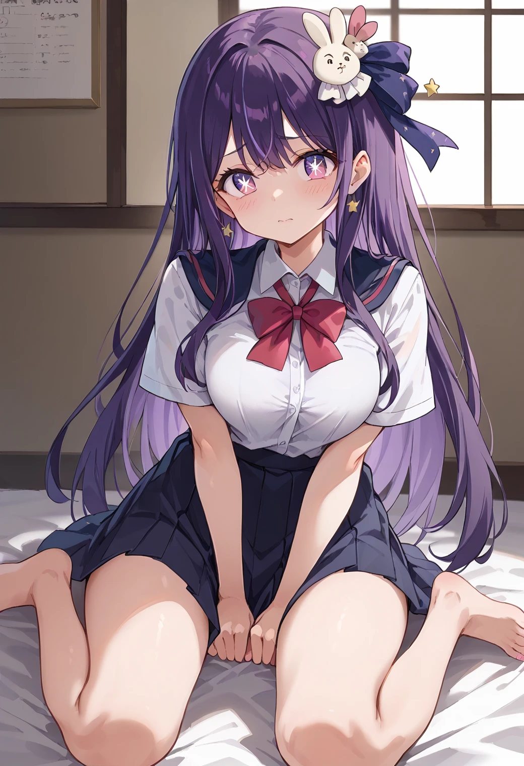 nsfw, nyantype, cum, vulgarity, unicorn, azur lane, official art, , on the bed, game cg, anime screenshot, sitting, on back, spread legs, large breasts, embarrassed smile, bukkake, half closed eyes, open mouth, sweat, saliva, steaming body, serafuku, under boob, thong, after sex, trembling