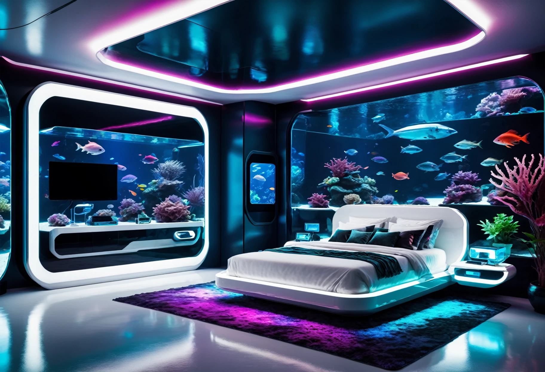 a futuristic bedroom surrounded by a giant aquarium , beautiful detailed, rich deep colors, beautiful, highly detailed, Jed-FutInt ,  <lora:FuturisticInteriorStyle:0.7>