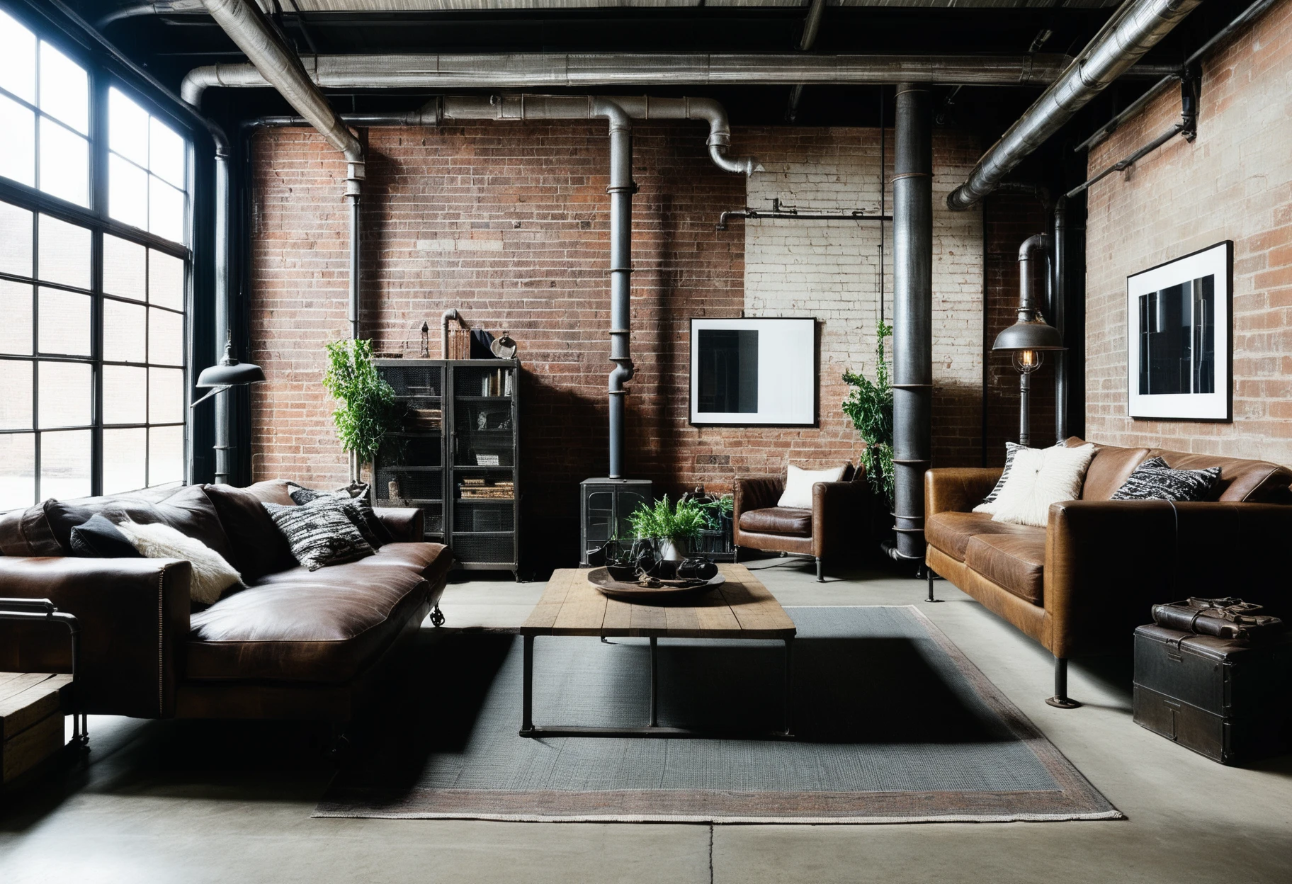 an Industrial living room   ,Jed-Ind  ,<lora:IndustrialInteriors-000009:0.7>