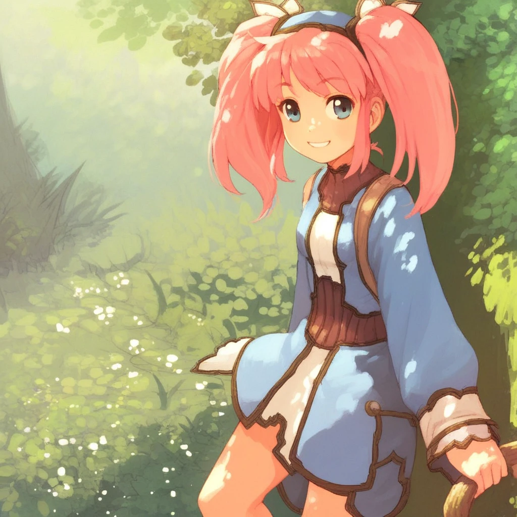 score_9, solo, Mint_ToF, pink hair, twintails, smile, outdoors