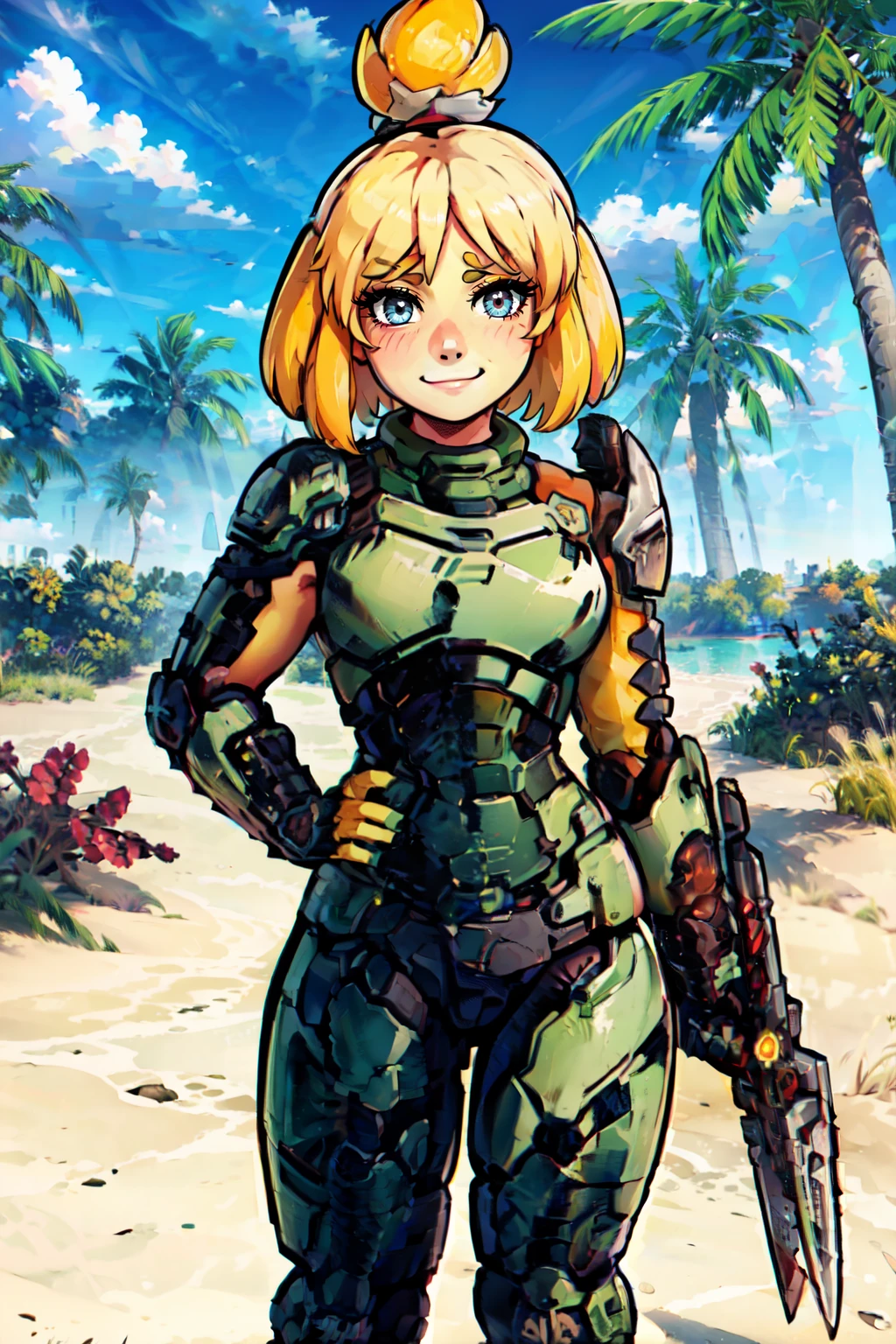 ((masterpiece,best quality)), absurdres,  BREAK,, <lora:Isabelle_Doom_Slayer:1>,  zzIsabelleDoom, looking at viewer, smile, smirk, power armor, weapon over shoulder, power armor, energy sword, crucible (doom), ocean, outdoors, palm tree, sand, short hair, sky, smile, standing, tail, tail wagging, tree, twistedscarlett60,  , BREAK, hip to the side, hand on hip, contrapposto,, BREAK,  solo, smile, looking at viewer, cowboy shot,