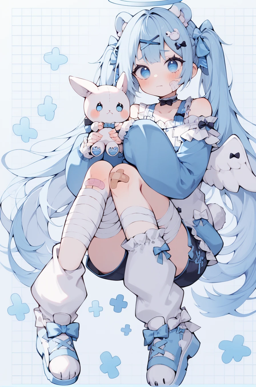 score_9, score_8_up, score_7_up, score_6_up, 1girl, angel, angel wings, rabbit ears, bandaged arm, bandaged head, bandaged leg, bandaged neck, bandages, bandaid, bandaid on cheek, bandaid_on_leg, bangs, bear, blush, bow, bunny, choker, closed mouth, feathered wings, hair ornament, hairclip, halo, holding stuffed toy, knees up, long hair, long sleeves, off shoulder, puffy sleeves, light blue shoes, shorts, sleeves past fingers, sleeves past wrists, stuffed animal, stuffed bunny, stuffed cat, stuffed toy, twintails, white leg warmers, white small wings, x hair ornament, dutch angle, <lora:Uekura_eku_Style-000009:0.8>