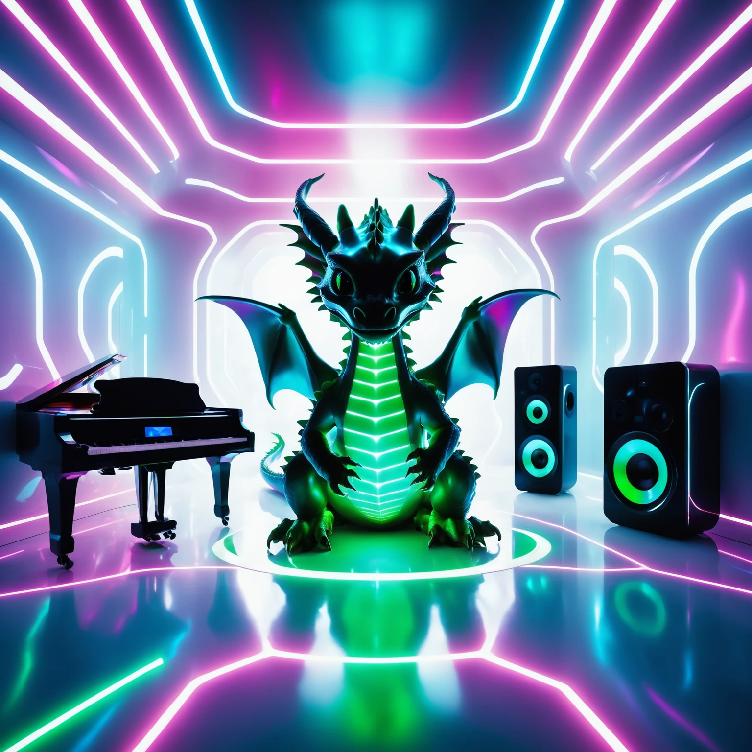 a baby dragon  in a futuristic musicroom, Jed-NeonInt ,   <lora:FuturisticNeonInterior:0.6>