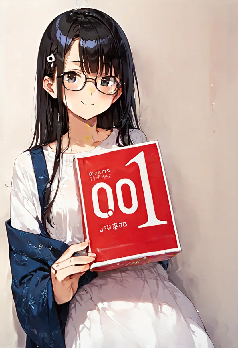 score_9, score_8_up, score_7_up, rating_safe, masterpiece, best quality, absurdres, unity 8k wallpaper, official art, official style, source_anime, game cg, megami magazine, 
1girl, glasses, long hair, black hair, black eyes, looking at viewer, shirt, holding, okamoto001, condom, still life,  condom box, 
 <lora:okamoto001_PONY_V2:1>