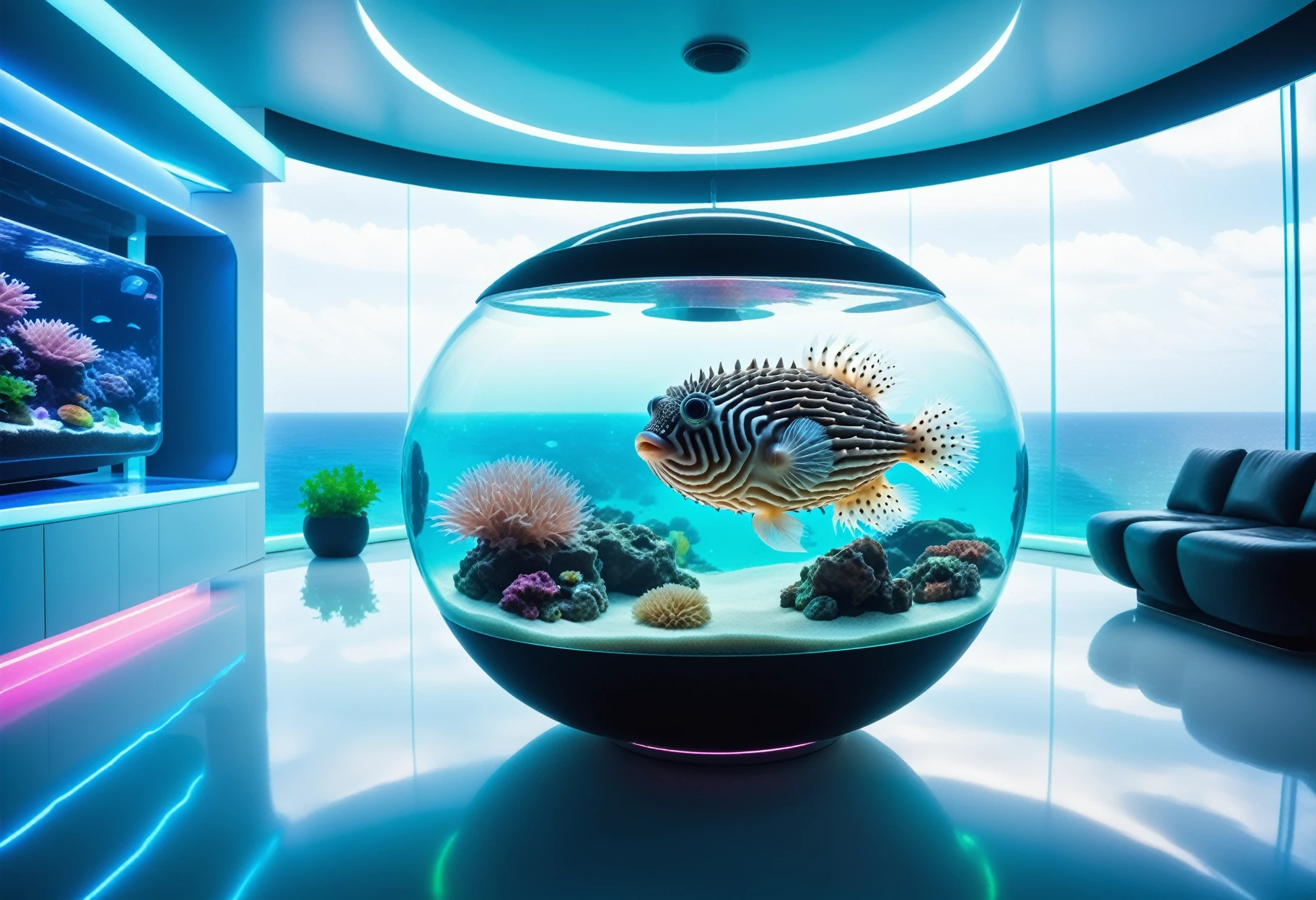 a close up of a Pufferfish in an aquarium in a futuristic livingroom with ocean view, Jed-NeonInt ,  <lora:FuturisticNeonInterior:0.6>