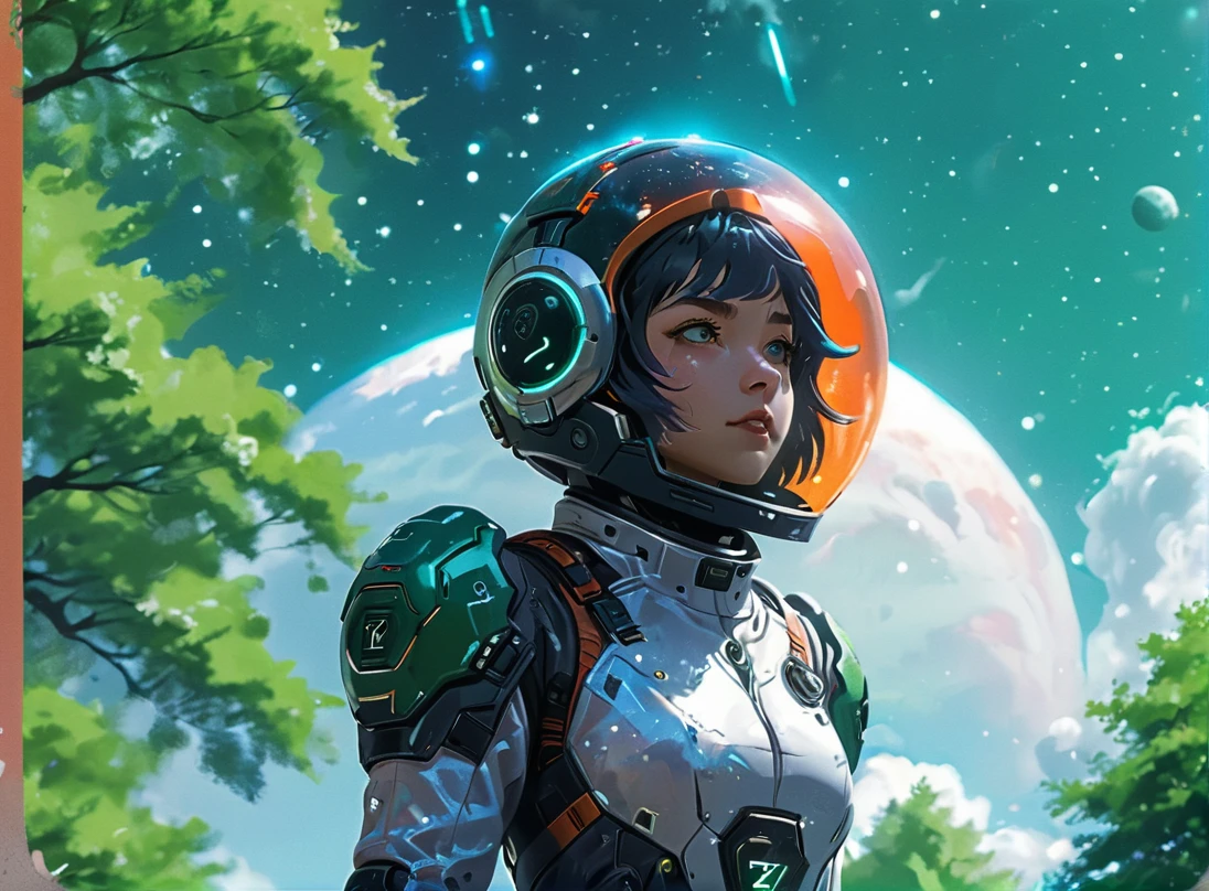 masterpiece,8k,high resolution,
 <lora:space_backround-XL-7:0.4>,
 <lora:Space_clothes-xl-8:0.6>,
space_backround,space_space,
1girl,solo,helmet,space suit,cyberpunk,female focus,portrait, scenery,  cloud, sky, tree, star (sky),green and orange theme