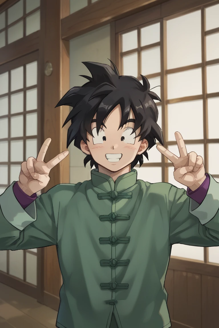 score_9, score_8_up, score_7_up, score_6_up, zPDXL2, detailed, intricate details,cowboy shot,best quality ,source_anime, male focus,
goten_super, black hair, black eyes, chinese clothes, green shirt, male focus, smile, looking at viewer, 1boy, upper body, solo, grin, v, double v, blush, teeth<lora:EMS-414483-EMS:1.000000>