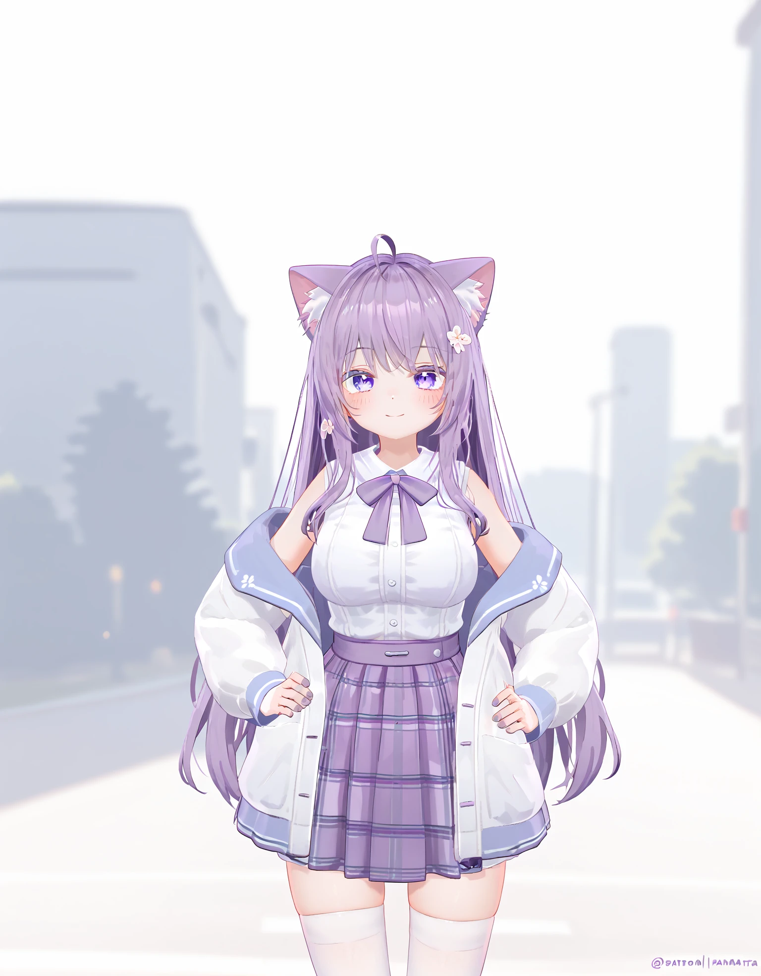 score_9, score_8_up,score_7_up,vrchat moe,moe_AA,1girl, solo, outdoors, thighhighs, purple skirt, jacket, shoes, sleeveless shirt, white shirt,  hair flower, purple bow, light_smile, pov, hand_on_hip, cowboy_shot, 