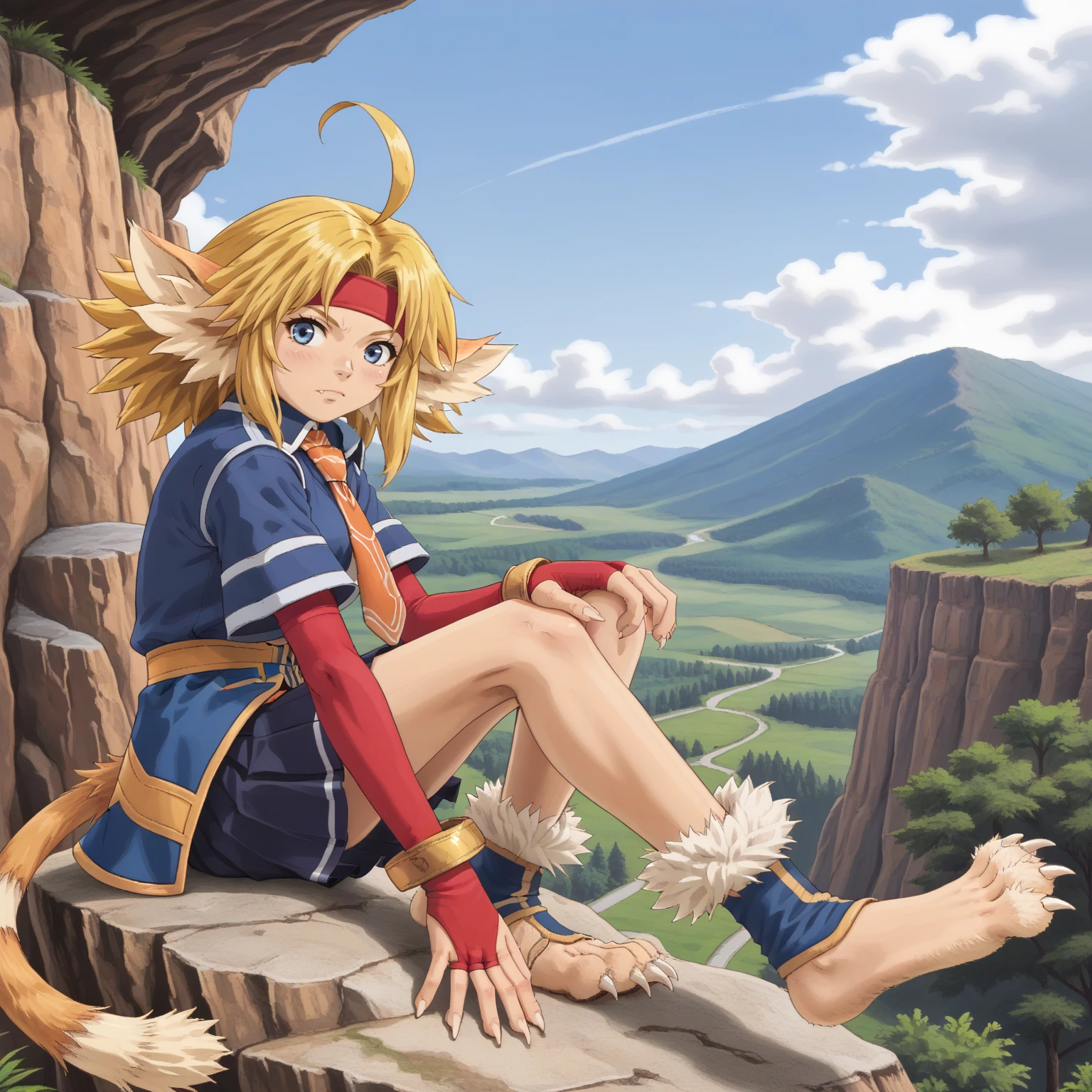 1girl, cliff, rock climbing, serious, from side, sky, clouds <lora:NikkiXLpony:1> Nikki, beastgirl, blonde hair, ahoge, red headband, blue eyes, fang, animal ears, animal tail, necktie, school uniform, bracelets, elbow fingerless gloves, pleated skirt, blue leg warmers, fur trim, barefoot, animal feet, foot claws,