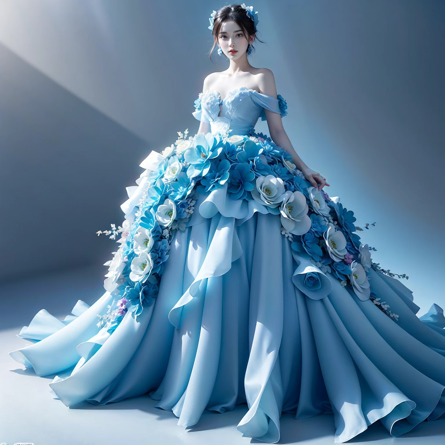 photorealistic,realistic,photography,masterpiece,best quality,ultra-detailed,extremely detailed CG unity 8k wallpaper,(reality: 1.4),1girl,solo, full body,standing,black hair,long hair,hair ornament,looking at viewer,solo,brown hair,black hair,hair ornament,bare shoulders,jewelry,collarbone,earrings,hair flower,hair bun,strapless dress,blue flower dress,rose, ((Flowering plants grow around))<lora:JAY - BLUE FLOWER DRESS v2:0.8>, (best quality:1.3)