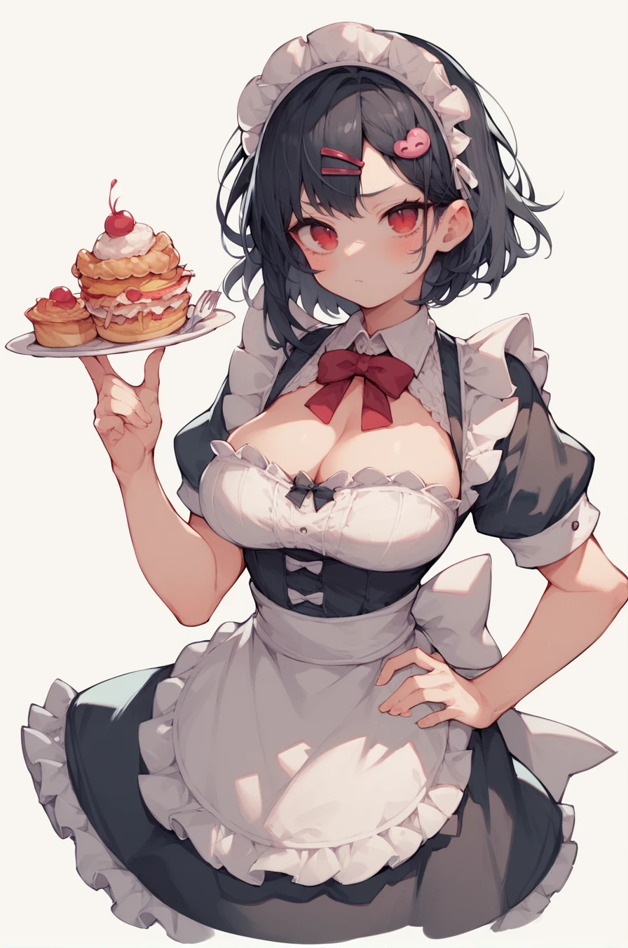 score_9, score_8_up, score_7_up, score_6_up, 1girl, black hair, red eyes, maid headdress, maid dress, big breasts, cleavage, hair ornament, hairclip, :o, blush, food, dessert, ribbon, bow,
hand on hip, simple background, <lora:Uekura_eku_Style-000009:0.8>