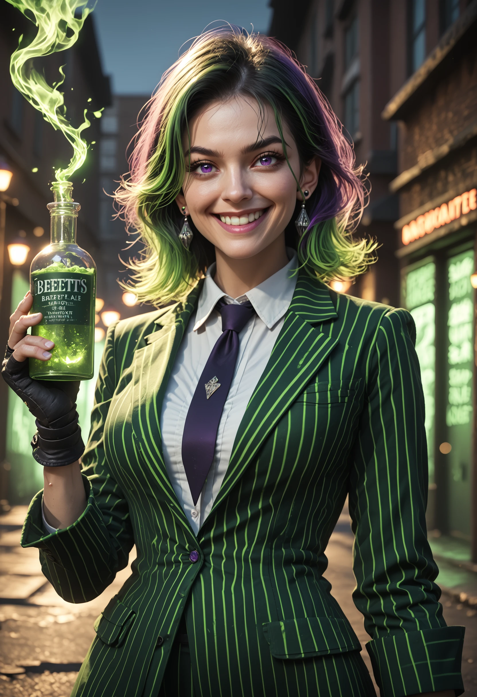 1girl, solo, smile, gloves, green hair, two tone hair, dyed bangs, medium length hair, multicolored hair, black hair, purple hair, white shirt, looking at viewer, black gloves, grin, jewelry, collared shirt, jacket, formal, mature female, necktie, purple eyes, necklace, depth of field, white suit, pinstripe suit, prison clothes, holding a bottle, potion bottle with green magic, fingerless gloves, earrings, white shirt, magic, green fire, flames, green theme, neon, green, slime tutorial, beetlejuice beetlejuice beetlejuice , beetlejuice inspired, underworld vibes, outdoors, hellscape, sidelighting, DynaPortrait_PDXL BREAK PonyXLV6_Scores