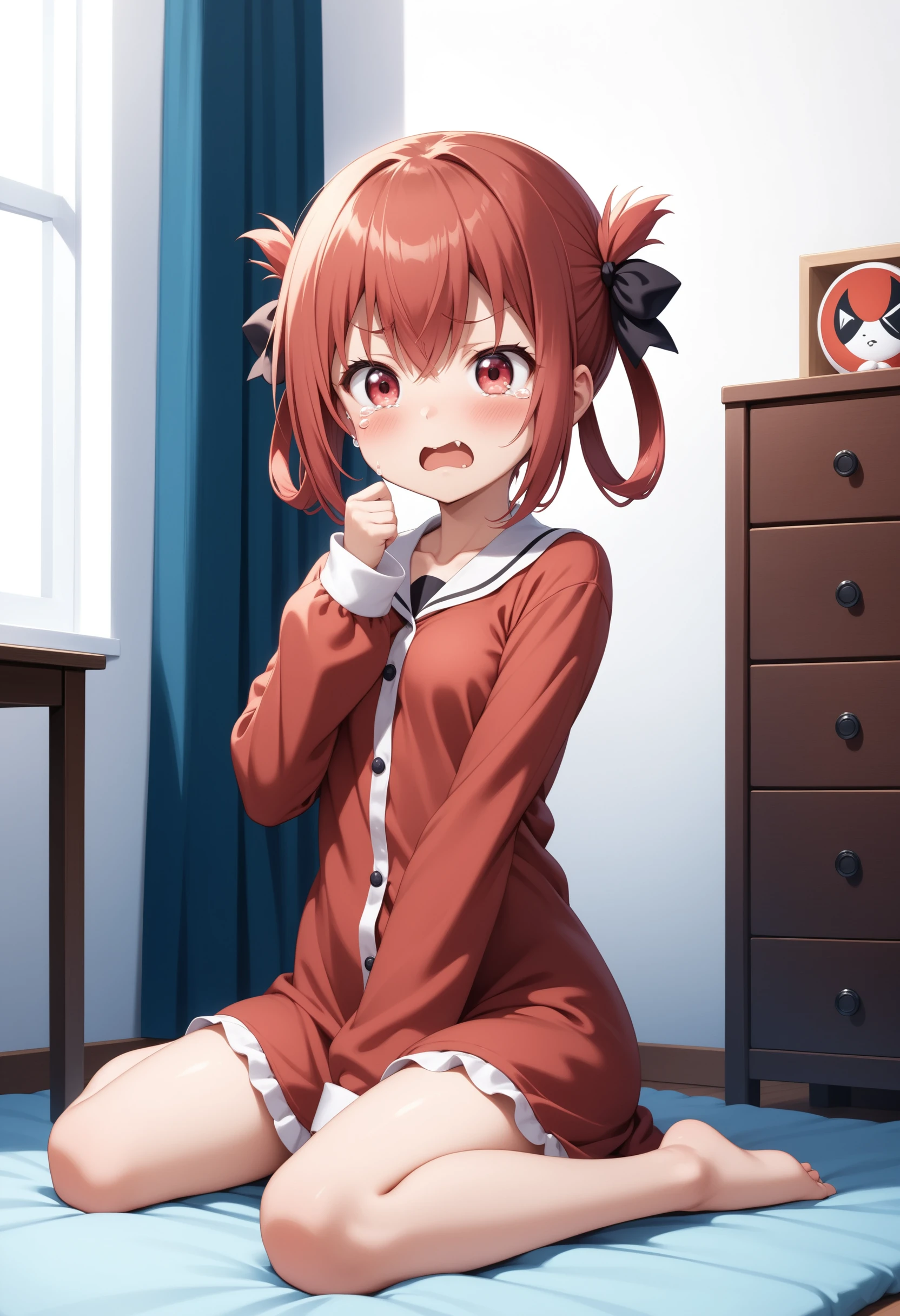 masterpiece, best quality, very aesthetic, absurdres,
1girl, satanichia kurumizawa mcdowell, gabriel dropout, red hair, red eyes, hair rings, fang, pajama, tearing up, wariza, curtain, bedroom,