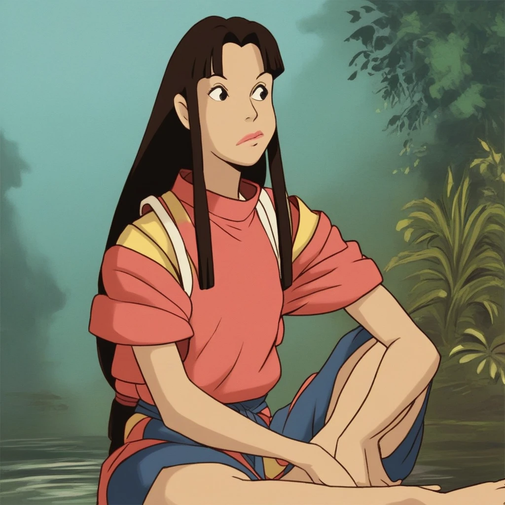 score_9, lin, long hair, brown hair, black eyes, sitting