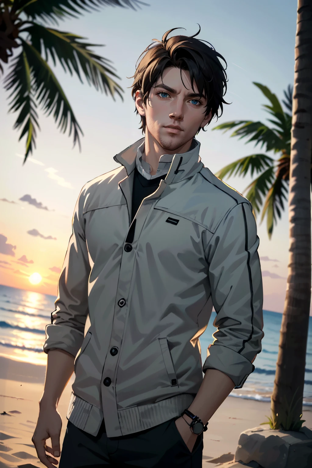 ((ultra detailed, masterpiece, absurdres))
 <lora:WDAiden:0.8>
WDAiden, 1boy, brown hair, blue eyes, looking at viewer, at the beach, casual clothing, palm trees, sundown