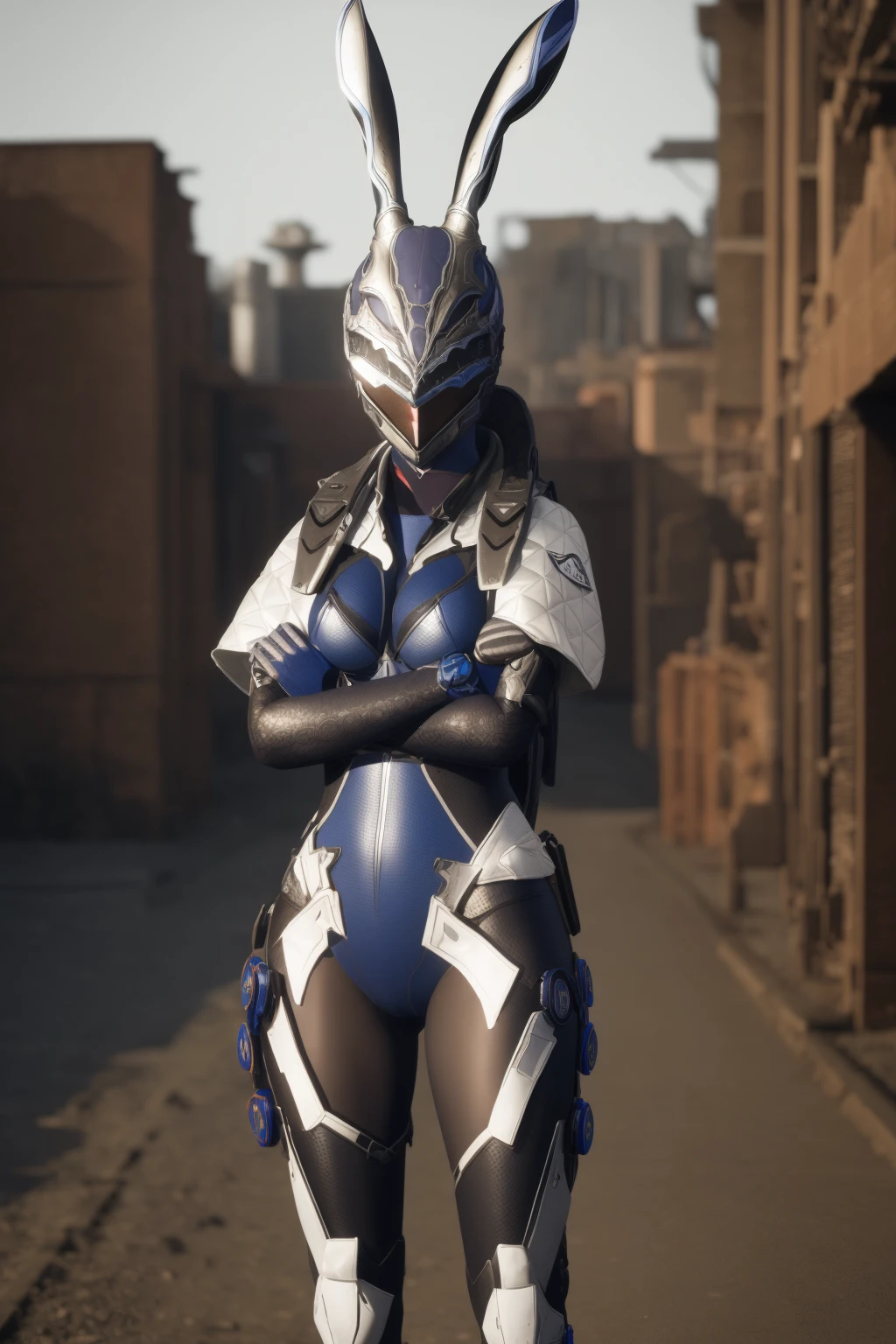 <lora:GC_bunny:0.8>,TFD_bunny,GC_bunny,1girl,solo,mask,cowboy shot,A woman standing with one leg crossed over the other, arms folded across her chest, looking down., edge quality,perspective silhouette,8k,best quality,masterpiece,extremely detailed,rule of thirds,photorealistic,superb,HDR,high resolution,sharp focus,photorealistic rendering,extremely detailed description,professional,gorgeous and intricate detail,