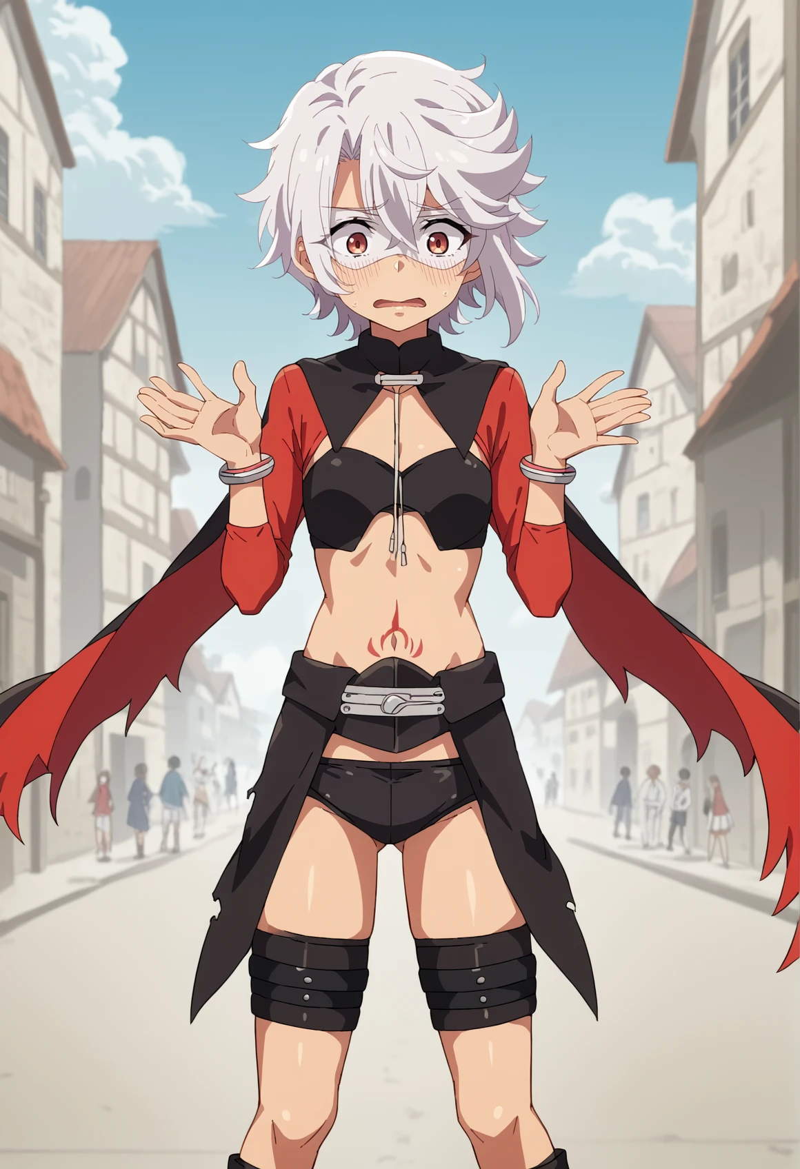 1girl, solo, white hair, short hair, eye mask, red eyes,  stomach tattoo, long sleeves, red long sleeves, red cape, waist cape, chaps, side-tie panties, boots, hands up, looking down, skindentation, surprised, embarrassed, panicking, outdoors, bracelet <lora:TeruShy:1>  <lora:Kuro_XL:0.8>, score_9, score_8_up, score_7_up, score_6_up, score_5_up, score_4_up, BREAK source_anime, masterpiece