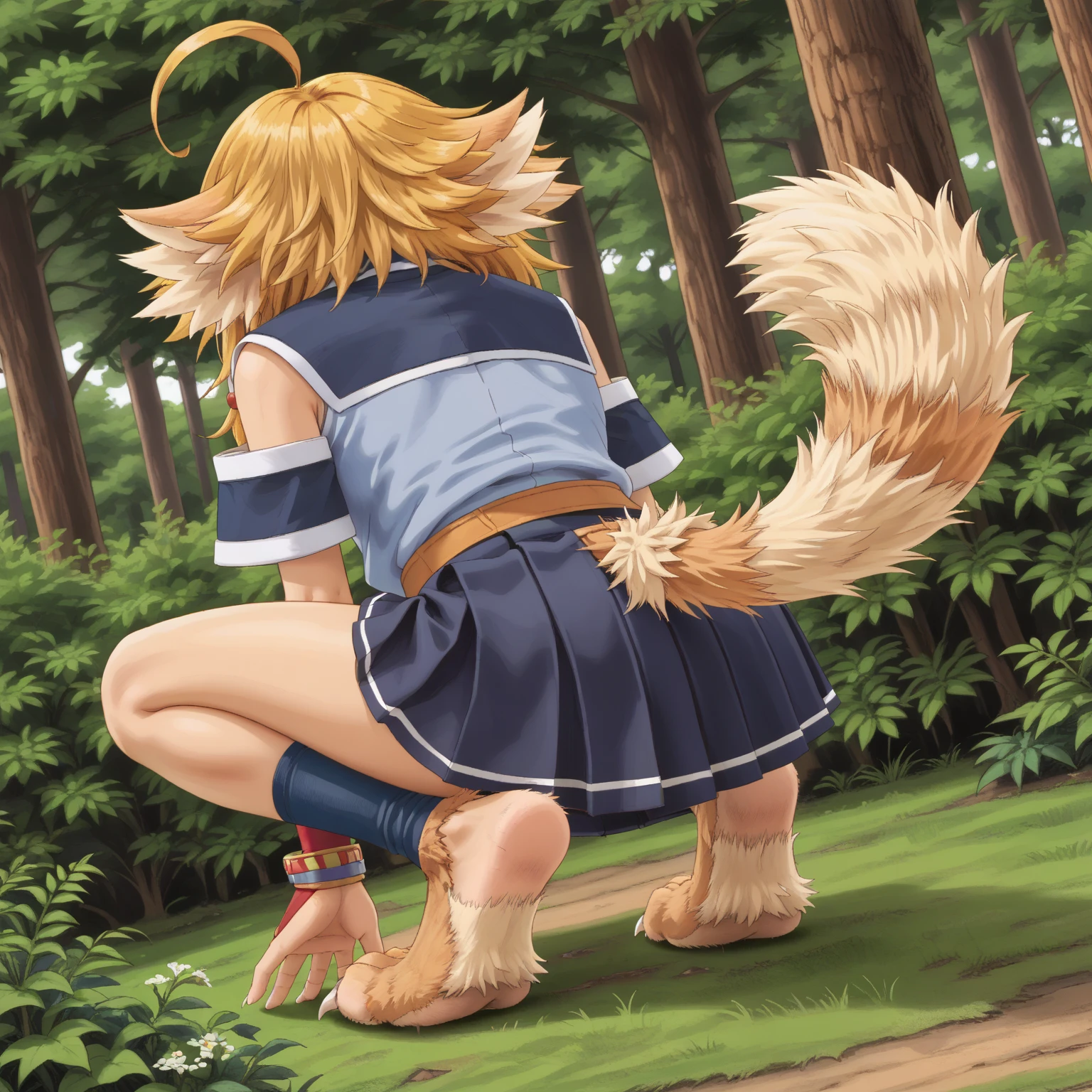 1girl, forest, bushes, squatting, collects herbs, from behind <lora:NikkiXLpony:1> Nikki, beastgirl, blonde hair, ahoge, animal ears, animal tail, school uniform, bracelets, elbow fingerless gloves, pleated skirt, blue leg warmers, fur trim, barefoot, animal feet, foot claws,