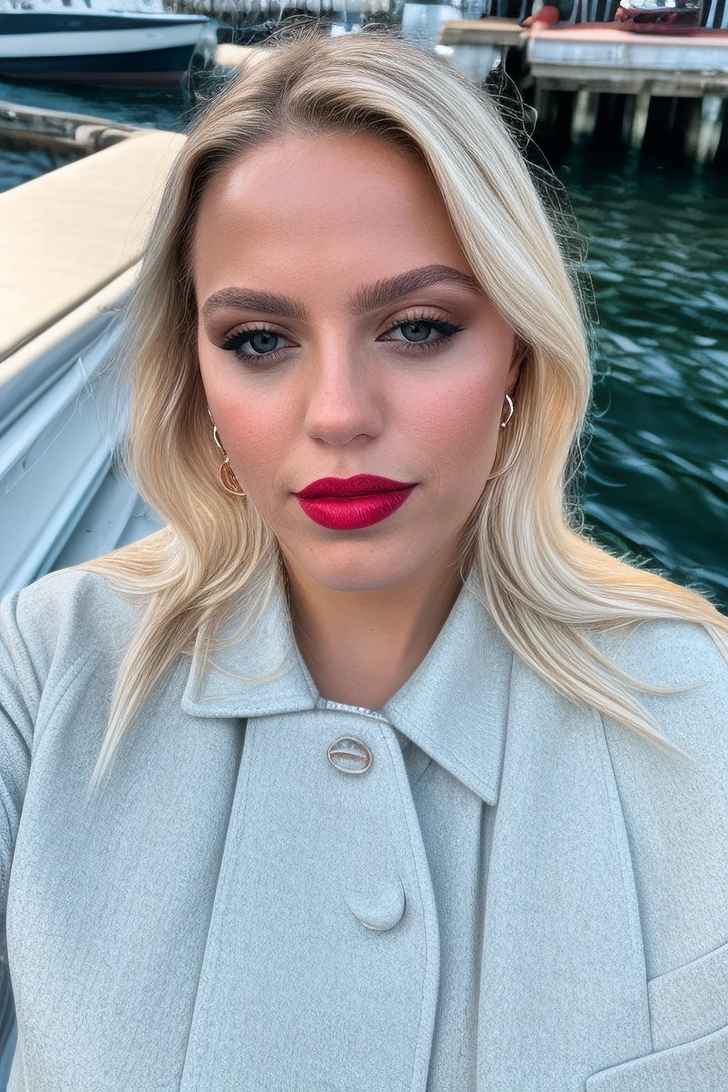 rrapp, ,(realistic), platinum blonde hair, (hyperrealism), (photorealistic:1.4), jewelry, parted lips, looking at viewer, earrings, shirt, makeup, portrait, upper body, jacket, mole, lipstick, ocean, waves, boats, dock