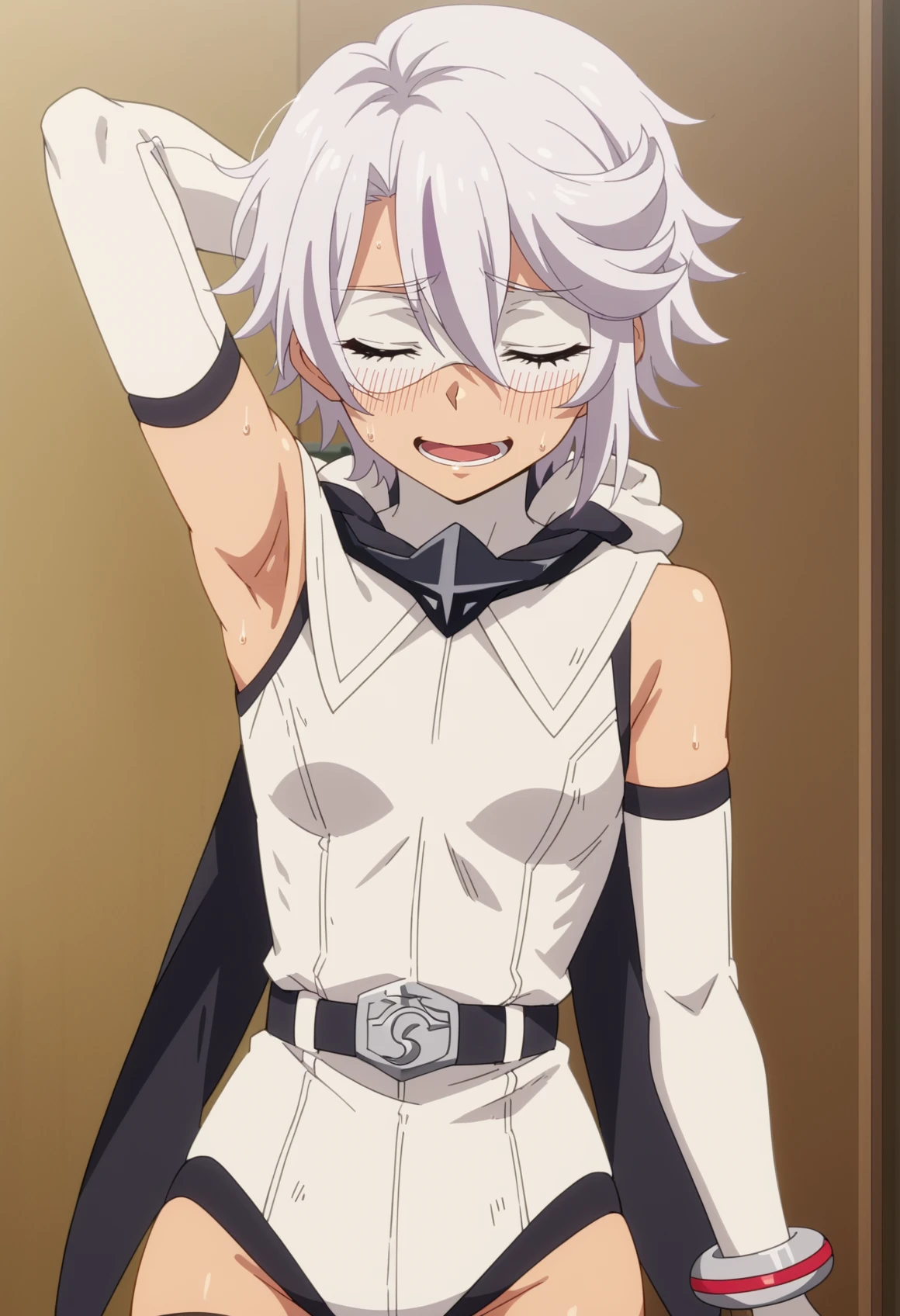 1girl, short hair, White hair, red eyes, eye mask, leotard, sleeveless, belt, elbow gloves, bracelet, thighhighs, thigh boots, Hood, hand behind head, smile, open mouth, closed eyes, shy, sweat, blushing, nervous, cowboy shot, anime screencap, dynamic pose  <lora:TeruShy:0.8>, score_9, score_8_up, score_7_up, score_6_up, score_5_up, score_4_up, BREAK source_anime, masterpiece