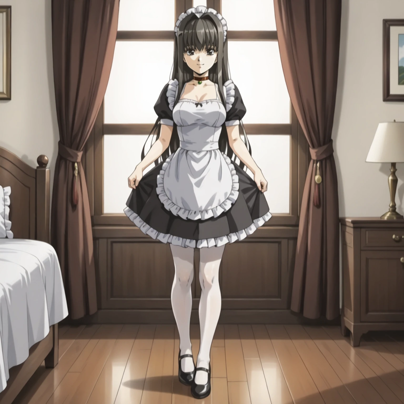 <lora:FI_EichelXLpony003>,
smile,
solo,
Eichel,1girl,black hair,hair intakes,bangs,long hair,black eyes,
choker,
maid,
white_pantyhose,
indoors,
full body,standing,