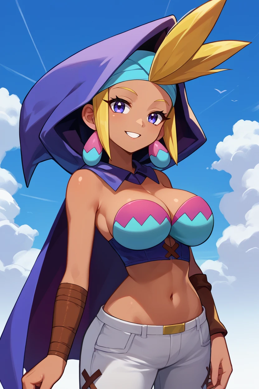 score_9, score_8_up, score_7_up, score_6_up, source_anime BREAK 1girl, solo <lora:shsky-pdxl-nvwls-v1-000005:1> shSky, blonde hair, antenna hair, dark-skinned female, earrings, bandana, hooded cape, bustier, midriff, single glove, white pants, big breasts, blue sky, looking at you, upper body, smile, clouds