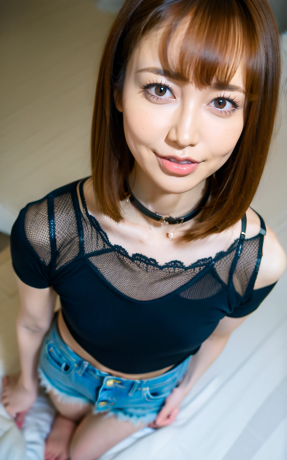 (Bangs:1.2), <lora:Yu_Shinoda:1> yu_shinoda,, (smiling:1.2),, (Fullbody:1.2) ,<lora:breastsizeslideroffset:-0.3>, onoff,stunning intricate full color portrait of a 30 years old very beautiful woman, Sharp Focus, low key lighting, shot on Lumix GH5, cinematic bokeh, detailed skin, from above incredibly absurdres, as poison (sf), long hair, collar, white crop top, denim shorts,