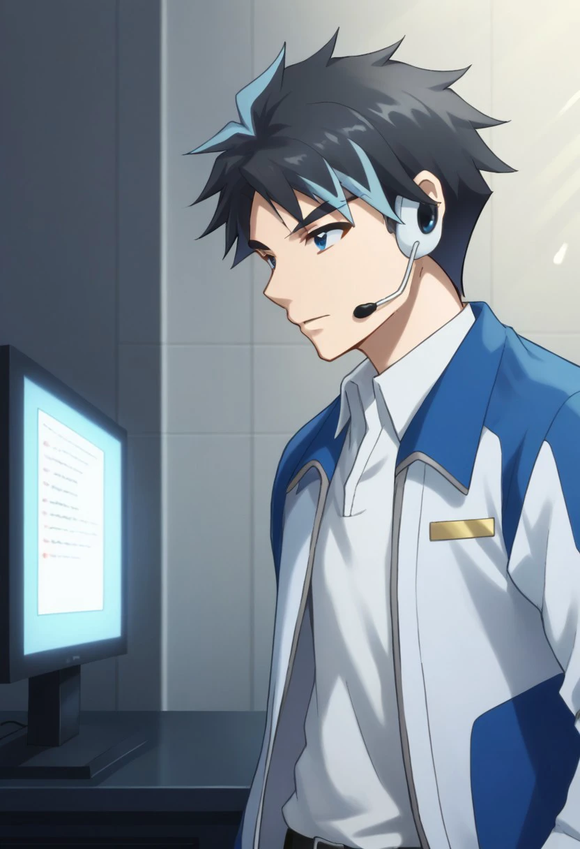 score_9, score_8_up, score_7_up, source_anime, highly detailed, 
ryuji_z, 1boy, solo, male focus, blue eyes, streaked hair, black hair, multicolored hair, blue hair, shirt, white shirt, collared shirt, blue jacket, belt, pants, upper body, headset,
indoor,  monitors,