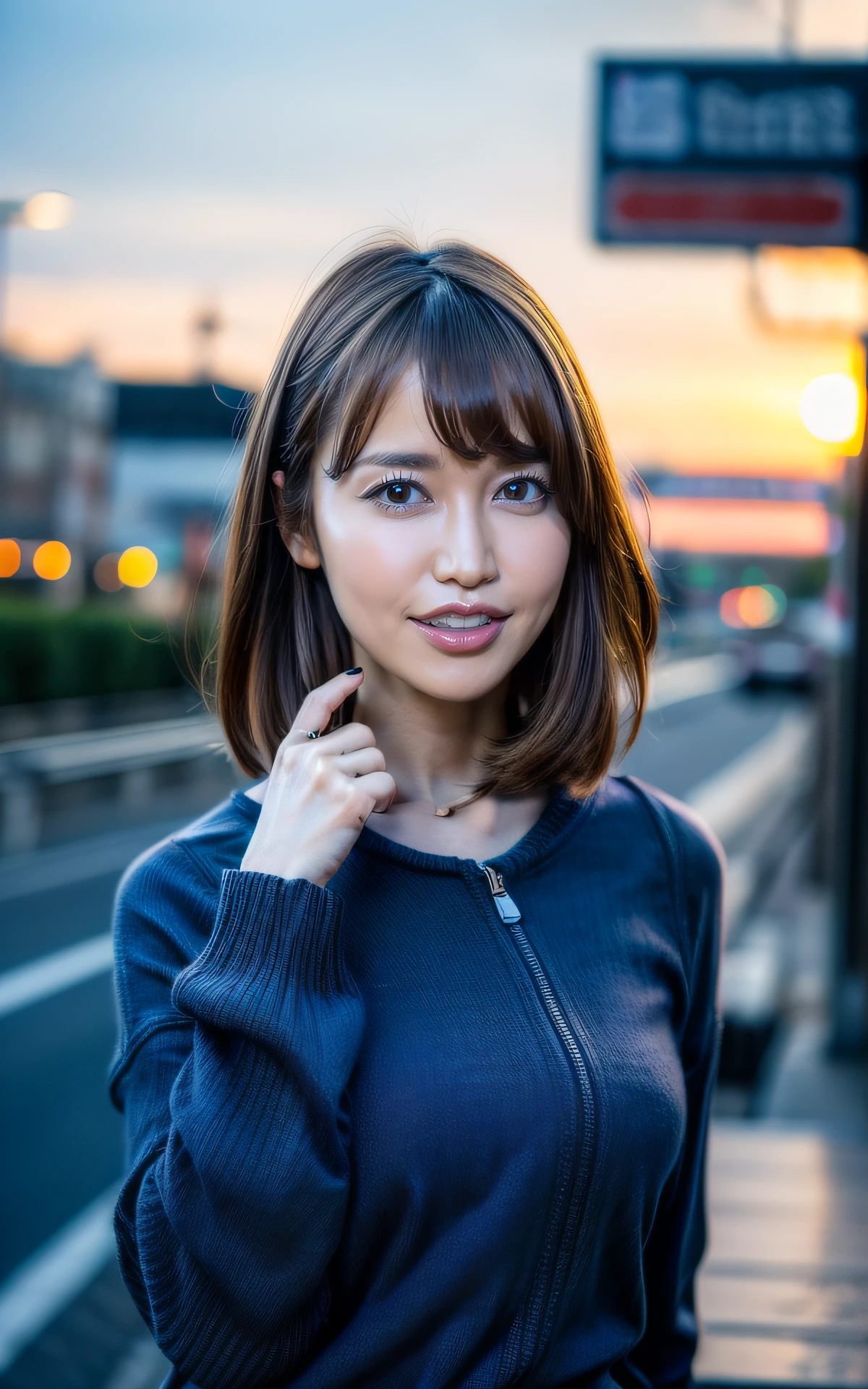 (Bangs:1.2), <lora:Yu_Shinoda:1> yu_shinoda,, (smiling:1.2),  , (fullbody:1.2),  (realistic), (hyperrealism), (photorealistic:1.4), 1woman,  looking at the viewer, eye makeup, detailed eyes, detailed face, (upper body:1.2), detailed background, walking at the streets, sunset, (windy:1.2)  z1pp3rsw3at3r,, sleeves past wrists, zipper sweater, Denim jeans <lora:more_details:1>