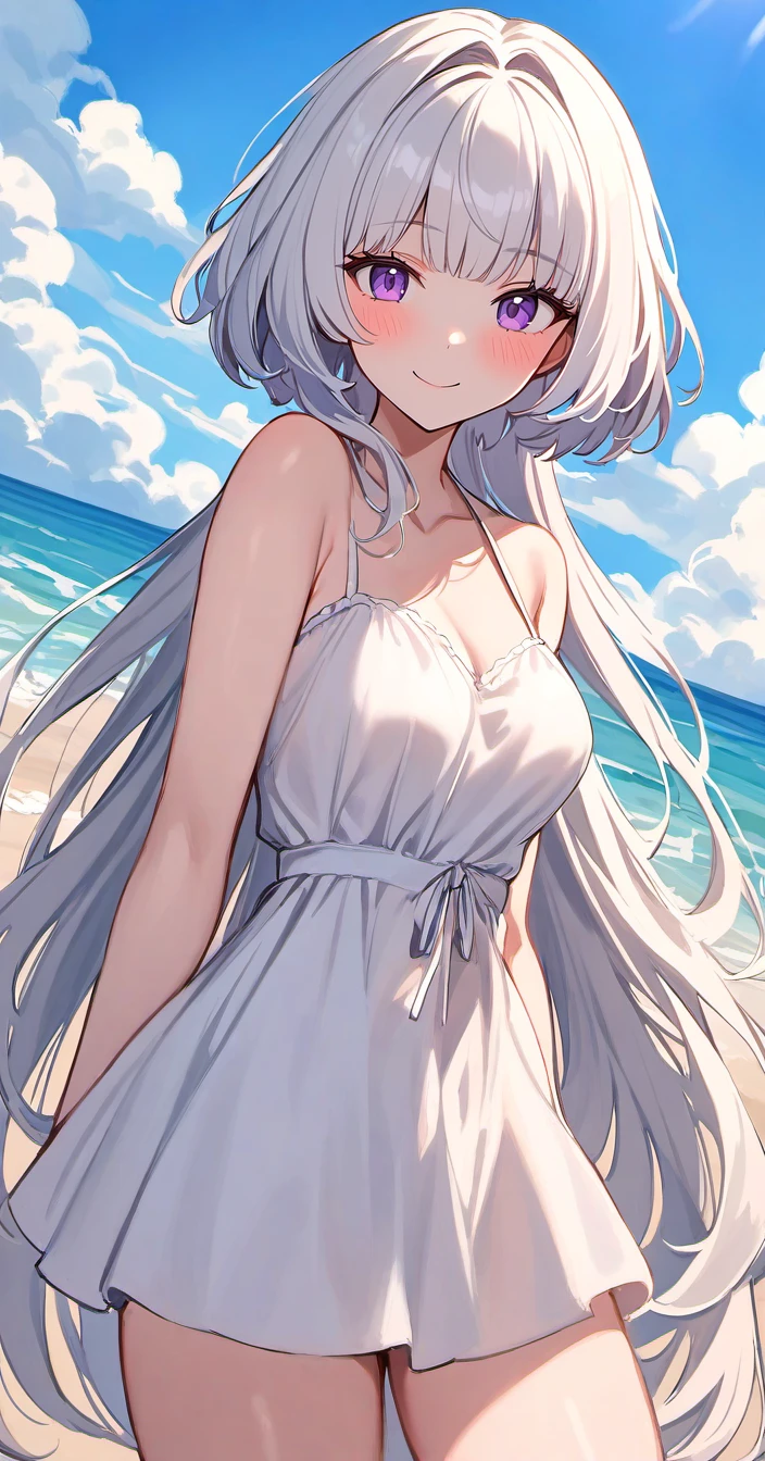 <lora:kuragecut_v1:1> ,kuragecut,1girl,solo,long_hair,very long hair,outdoors,sunny,day,beach,standing,cowboy shot, blush,smile,bangs,breasts,medium_breasts,white_hair,,purple eyes,dress, looking at viewer,bob cut,hair intakes,from_below