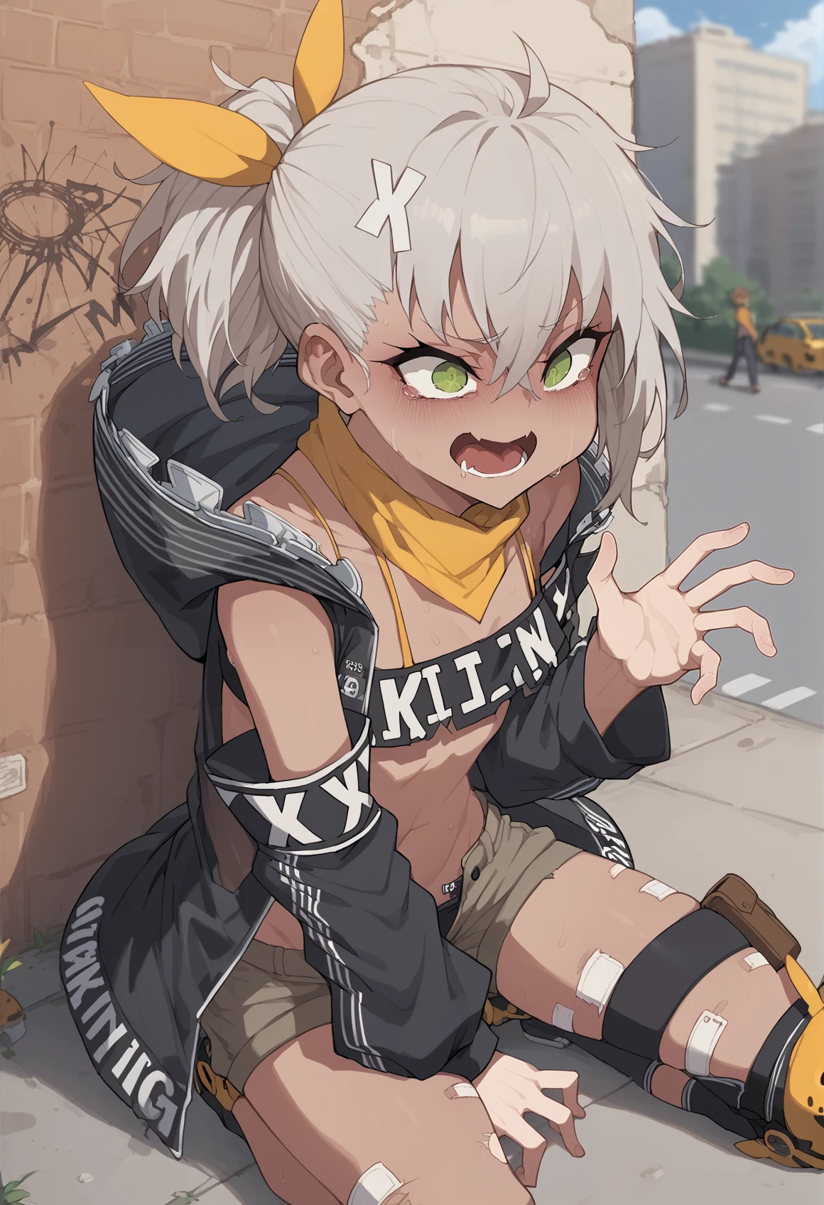 1girl, dark skin, grey hair, green eyes, ponytail, hair ornament, ribbon, bandana, bandana around neck, bandeau, clothes writing, detached sleeves, hoodie, hood, bare shoulders, shorts, unzipped, asymmetrical legwear, thigh strap, thigh pouch, knee pads, laying, on side, torn clothes, scared, panicking, reaching towards viewer, looking to the viewer, sweat, panicking, nervous smile, open mouth, outdoors, city, graffiti, hands up <lora:Klin_FGL:1> <lora:KakureEriaPDXL-(jack cat) :1>, score_9, score_8_up, score_7_up, score_6_up, score_5_up, score_4_up, BREAK source_anime, masterpiece