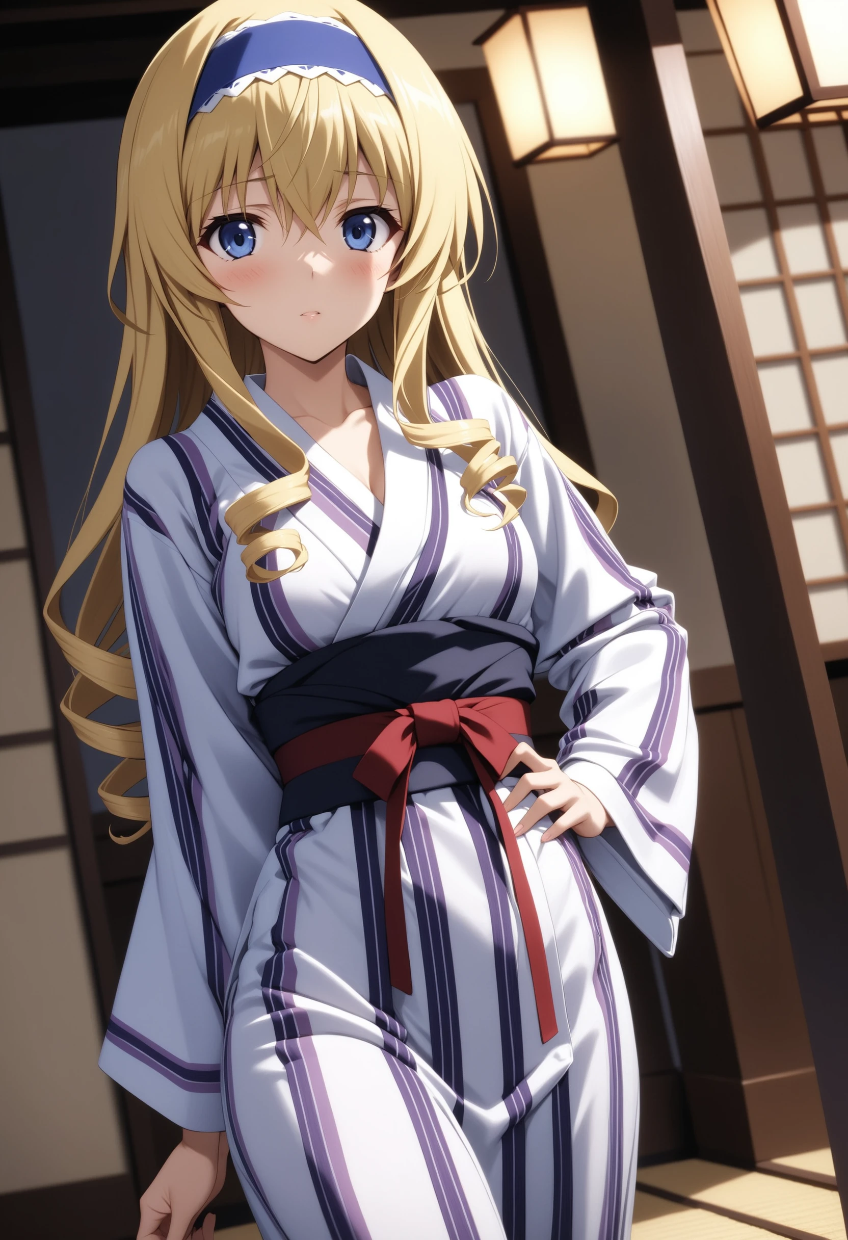 masterpiece, best quality, very aesthetic, absurdres,
1girl, cecilia alcott, infinite stratos, blonde hair, blue eyes, headband, drill hair, hand on own hips, blush, bath yukata, yukata, japanese clothes, kimono, belt, looking at viewer,