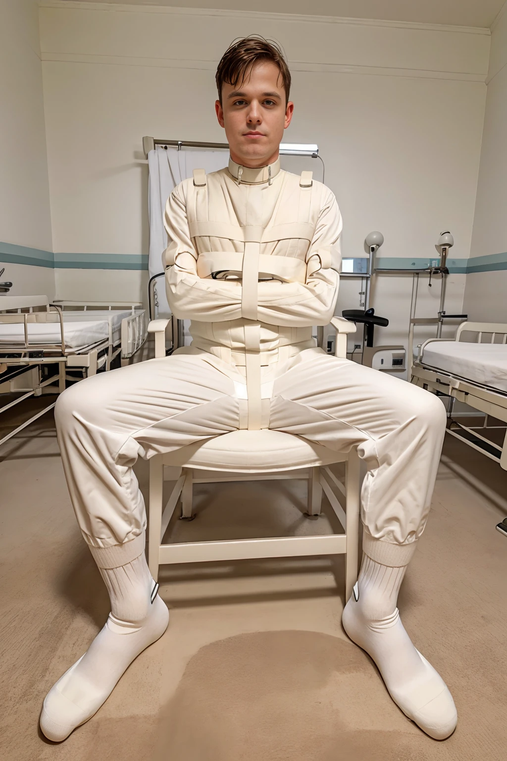 insane asylum, mental hospital, patient treatment room, sitting on a chair, JedAthens, wearing ivory color straitjacket, hospital pants, white socks,  (((full body portrait))), wide angle, <lora:StraitjacketGeneral_v3:0.75>  <lora:JedAthens:0.8>