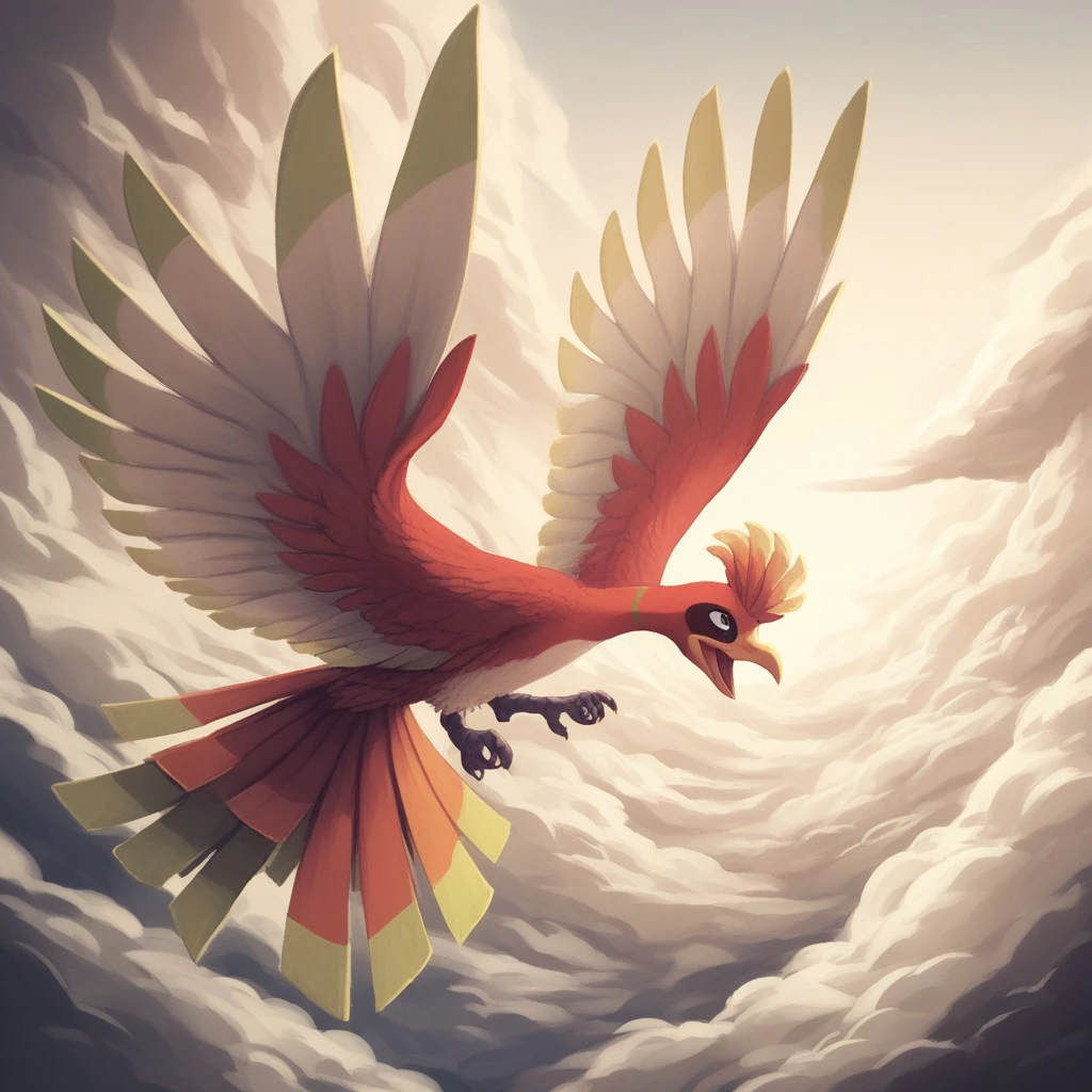 score_9, score_8_up, score_7_up, score_6_up,  source_furry, rating_safe, detailed background, BREAK, ho-oh, avian, bird, feral, green markings, black eye markings, solo, spread wings, cloud, skyscape, detailed background, tongue, flying, outside, ambiguous gender, open mouth, sky