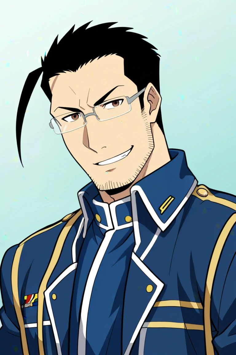 score_9, score_8_up, score_7_up, score_6_up, perfect anatomy, perfect proportions, best quality, masterpiece, high_resolution, high quality, aesthetic, absurdres, (male focus), solo male, Maes Hughes \(Fullmetal Alchemist \), black hair, ahoge, brown eyes, sideburns, facial hair, chinstrap stubble, jawline stubble, rectangular glasses, Amestrian State Military uniform \(Fullmetal Alchemist \), (blue jacket, closed jacket:1.6), adult, mature, masculine, manly, handsome, charming, alluring, smile standing, upper body, dutch angle, cowboy shot, view from below<lora:EMS-414547-EMS:1.000000>