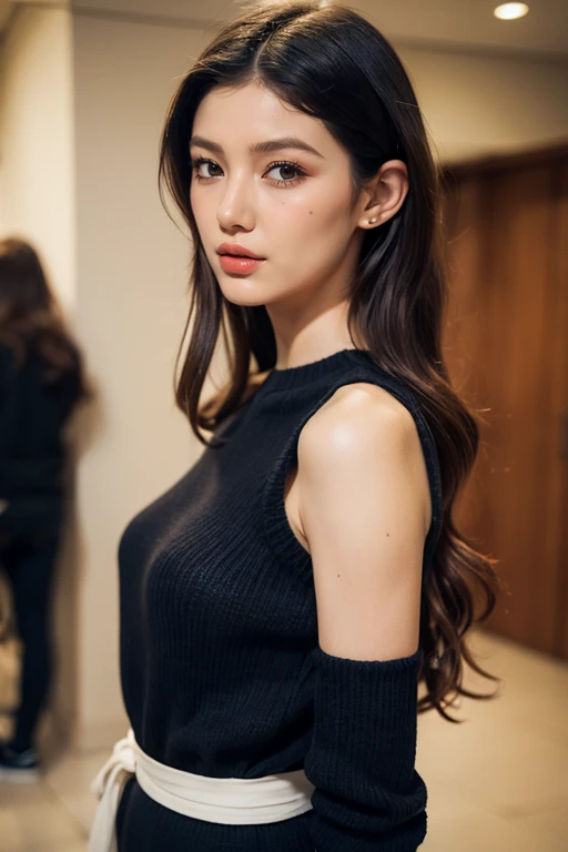 <lora:xxdaniellelite:1> (hyperrealism), (photorealistic), (realistic:1.4), best quality, masterpiece, xxdanielle, 1girl, looking at the viewer, makeup, detailed eyes, detailed face, (upper body photo:1.2), black sweater, waist, at the hallway