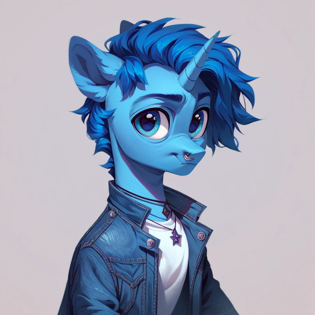 score_9, score_8_up, score_7_up, score_6_up, score_5_up, score_4_up, pony, solo, stallion, blue unicorn, unicorn, blue body, blue eyes, horn, denim jacket, necklace, nose piercing,